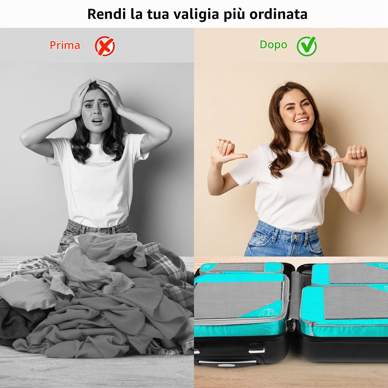 Set di 7 Organizer Valigia, Organizzatori da Viaggio a Compressione, Packing Cube per Vestiti, Scarpe, Biancheria Intima, Ultraleggero, Espandibile, Cielo Blu