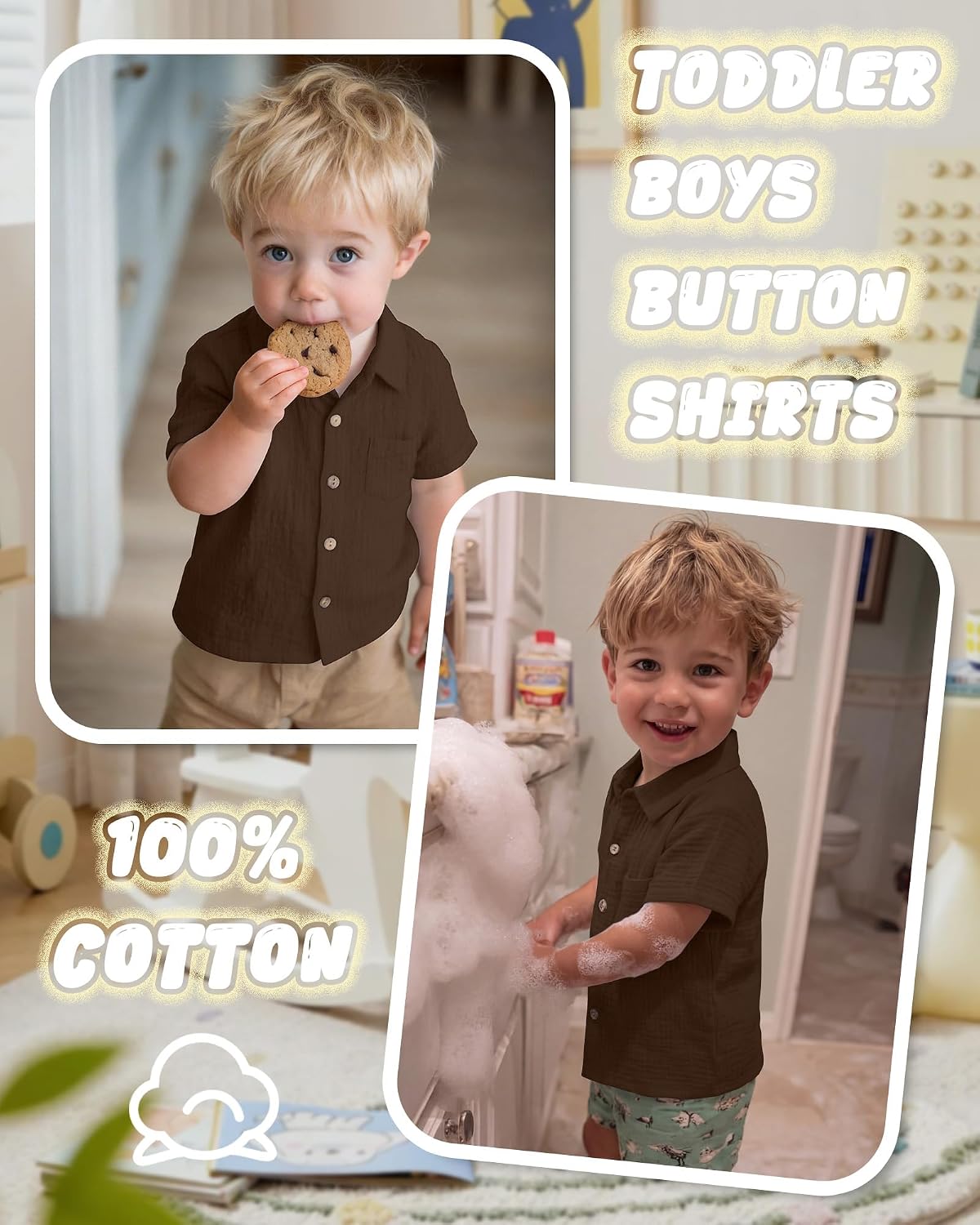 Toddler Baby Boys Cotton Shirt, Dark Brown, Solid, 3T