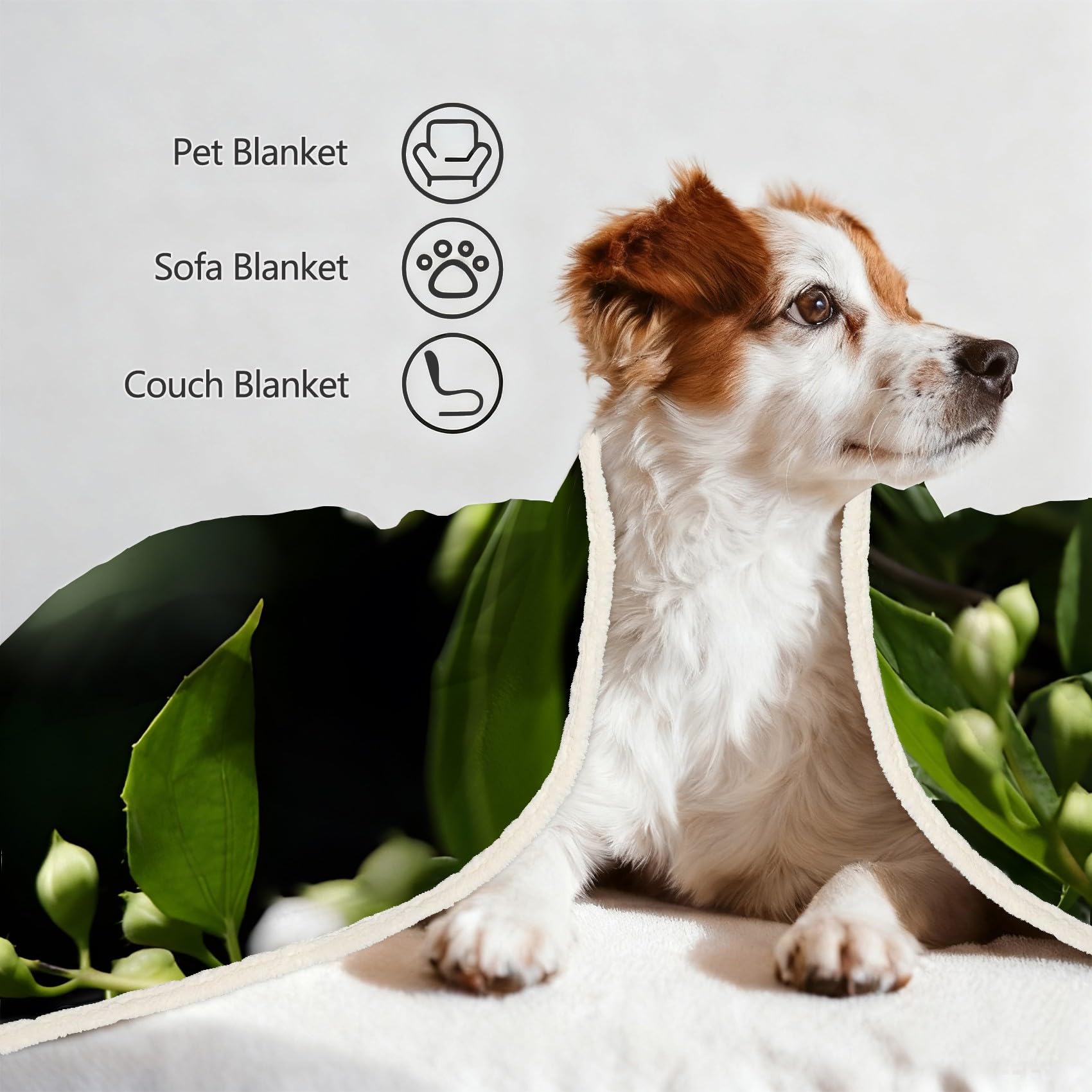 Weiße Blumen Fleecedecke 130x150 cm – Extra dick & kuschelweich, Green Leaves Flauschige Decke für Einzelbett, Sofa & Wohnzimmer, Überwurf