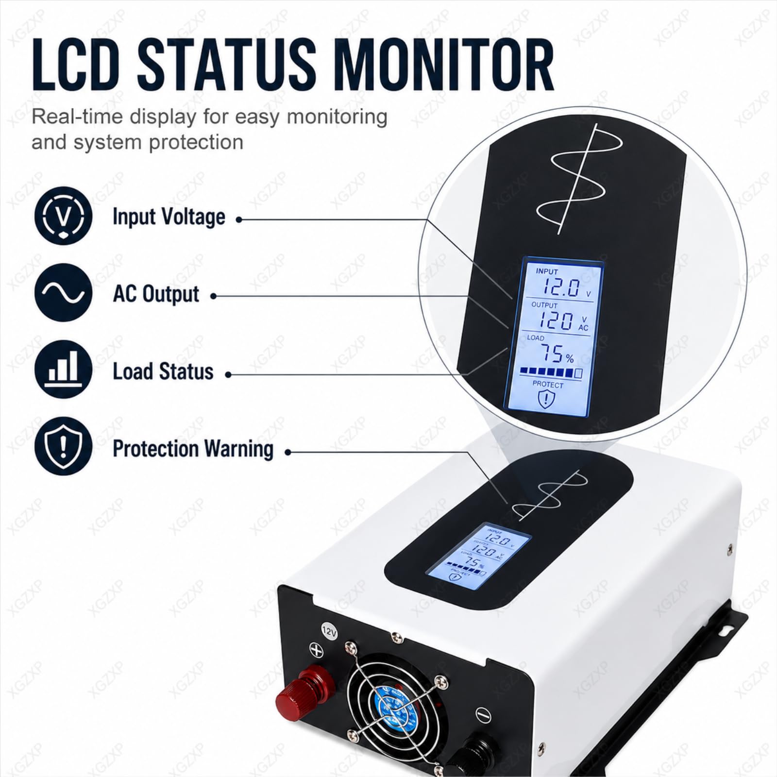 Inversor Solar Híbrido, Inversor De Onda Sinusoidal Pura con Monitor LCD De Batería Y Carga, Protección contra Sobrecalentamiento De 1000 W para Alimentación De Respaldo En Caravanas Y Camping