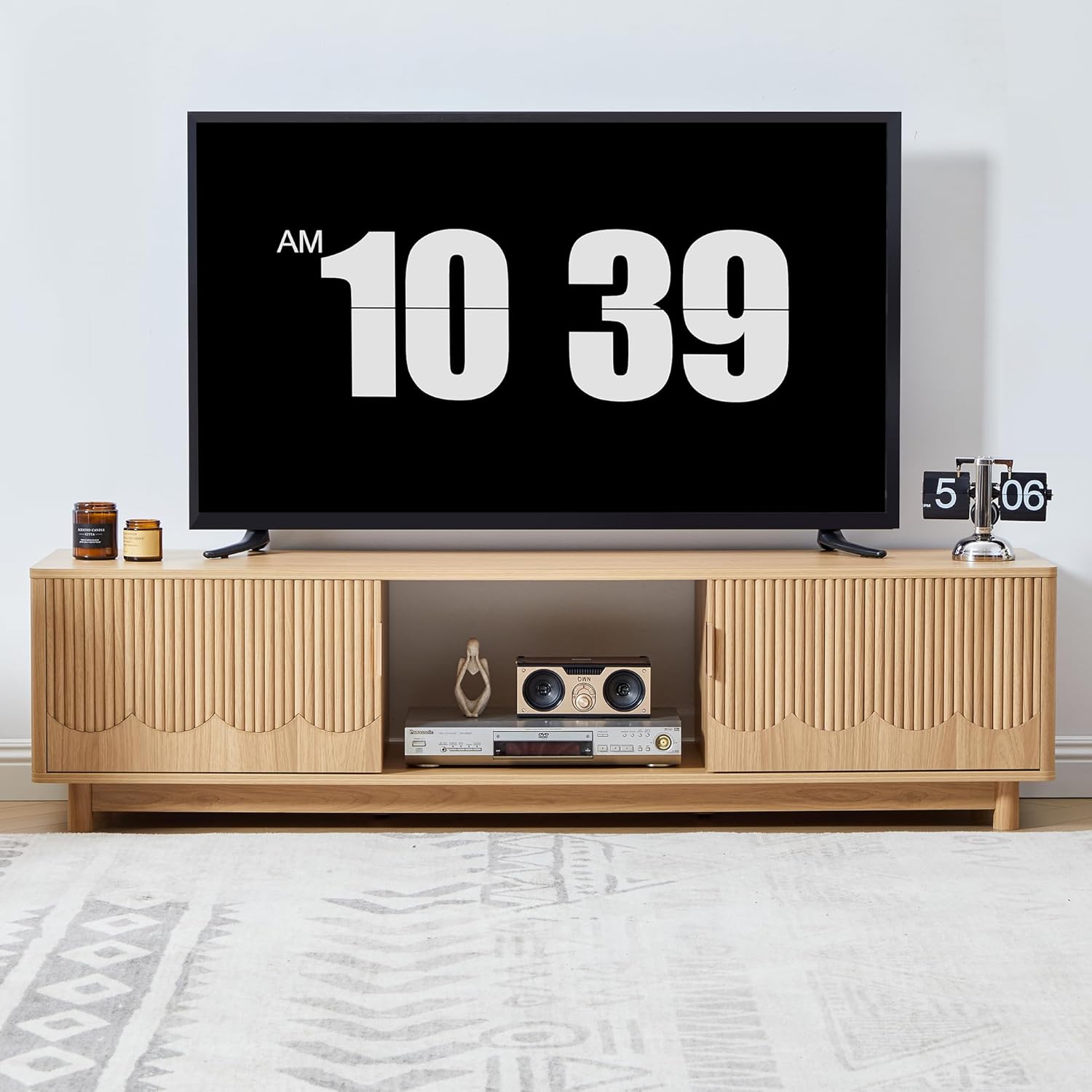 FurSch 62.2” Mid Century Modern Fluted TV Stand, Low Profile TV Stand with Storage, Curved Media Console for Bedroom Living Room (Natural)