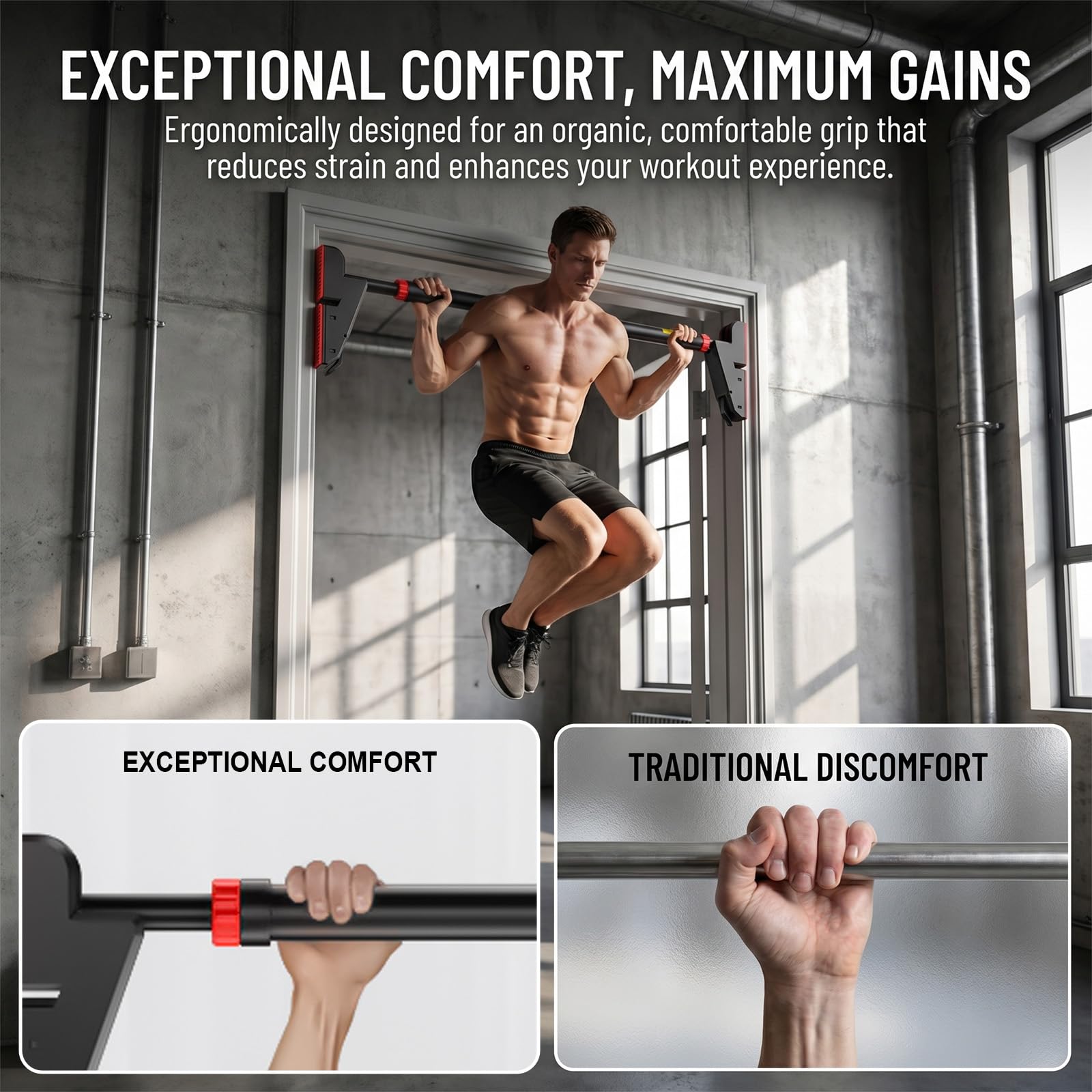 Klimmzugstange Türrahmen Ohne Schrauben, 200KG Tragkraft, Drehbares Zahnradschloss, Verstellbar 75-94CM, Rutschfestem, Pull Up Bar für Oberkörper Training Heimfitness