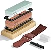 Dayacoco Knife Sharpening Stone Kit, Premium 400 1000 3000 8000 Whetstone Knife Sharpener with Non-Slip Wood Base, Angle Guide, Flattening Stone, Leather Strop, for Sharpening Knives (8 Pcs)