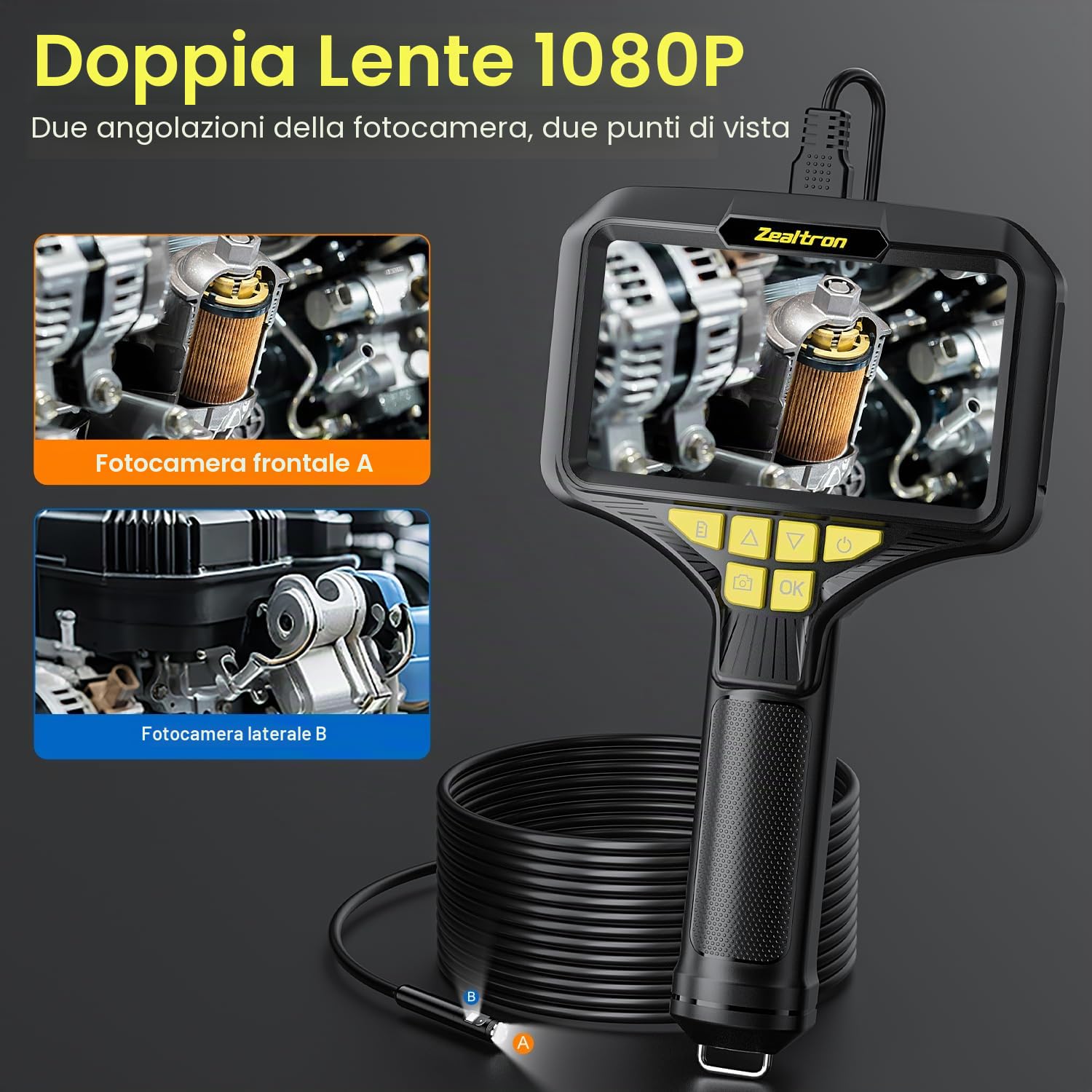 Endoscopio a Doppia Lente, Zealtron Endoscopio Industrial con Schermo Grande da 5” IPS, Telecamera endoscopica con 8+1 LED Regolabili 7,9 mm IP67 Sonda Impermeabile Cavo Semirigido-5M