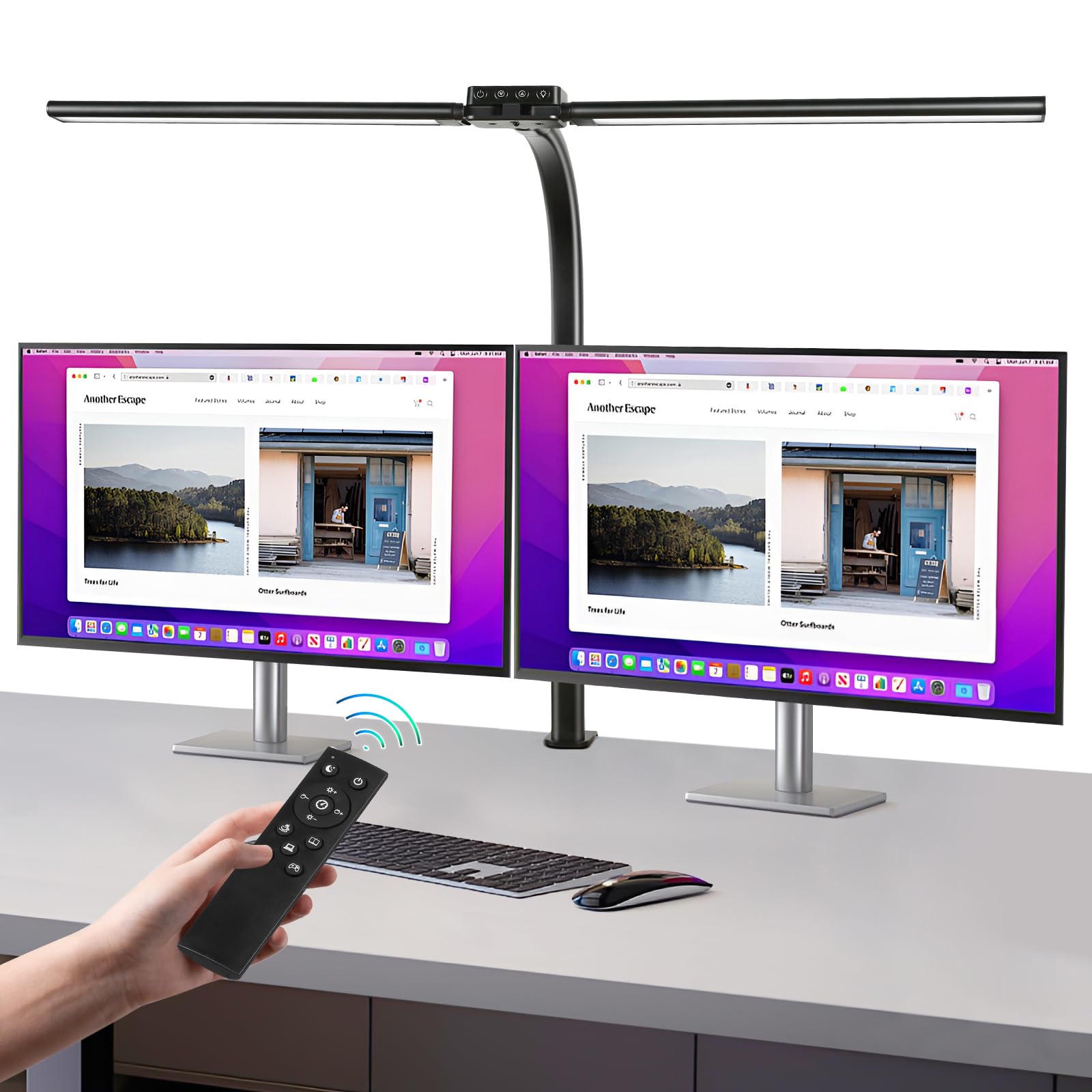 Euakee 80CM Lampara Escritorio LED de Doble Cabeza, 24W Flexo LED Escritorio Regulable con Abrazadera, 10 Temperaturas Color 10 Brillo, Protección Ocular Luz Monitor Oficina con Control Remoto & USB