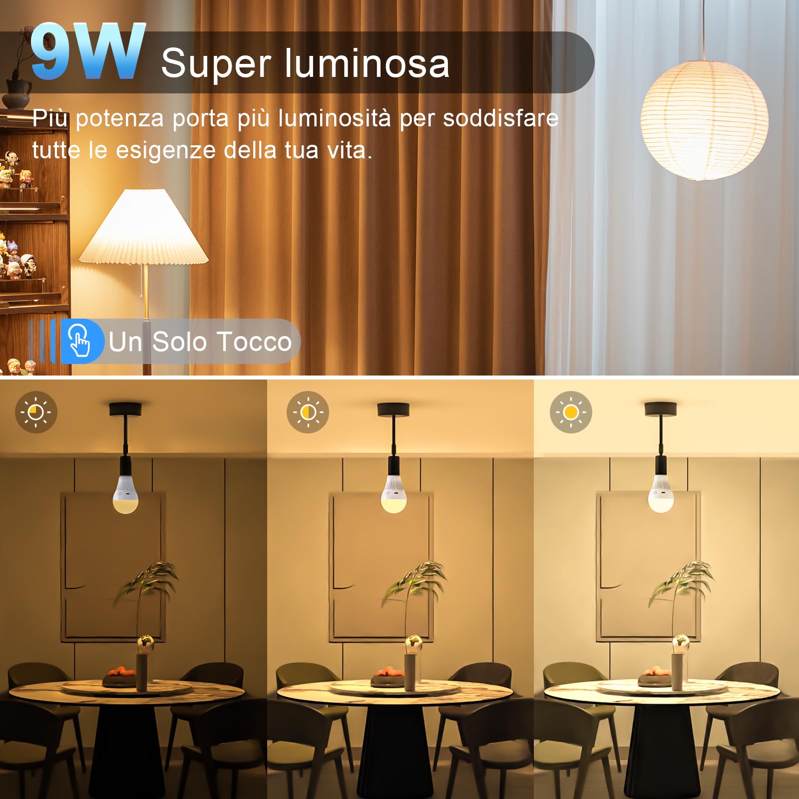 Lampadina Ricaricabile USB C Con Telecomando, 9W Lampadina Senza Fili Con 3 Colore, E27 Lampadina LED Dimmerabile Touch Control Con Timing, 3000mAh Luce di Emergenza Con Gancio per Casa ed Esterni
