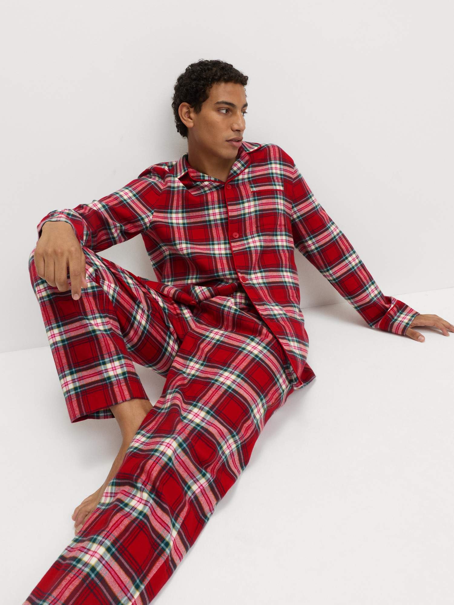 Marks & Spencer Conjunto de Pijama Navideño Familiar de Cuadros de Algodón Puro para Hombre, Ajuste Normal, Cintura con Cordón, con Bolsillos