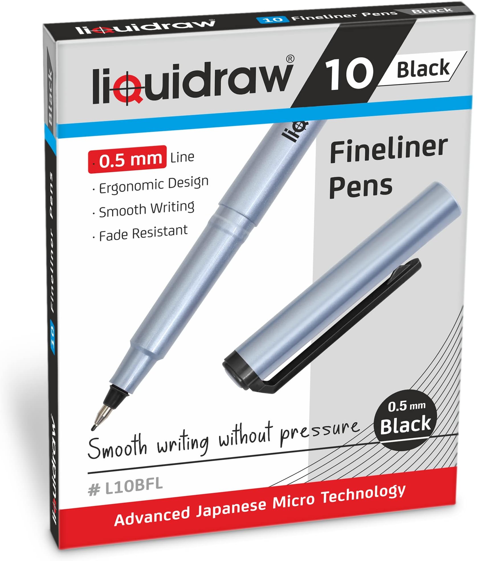 Liquidraw Black Fineliner Pens - 10 Set | Fine Point 0.5 mm Tip | Storage Wallet | Black Coloured Pens For Artists, Handwriting, Drawing, Calligraphy, Sketching | Ergonomic Design | Fade Resistant Ink