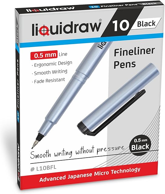 Liquidraw 10 Black Fineliner Pens Set Fine Point Pens 0.5mm Fineliners Black Coloured Pens For Artists, Architects, Technical Drawing, Handwriting, Calligraphy, Sketching, & Illustrations