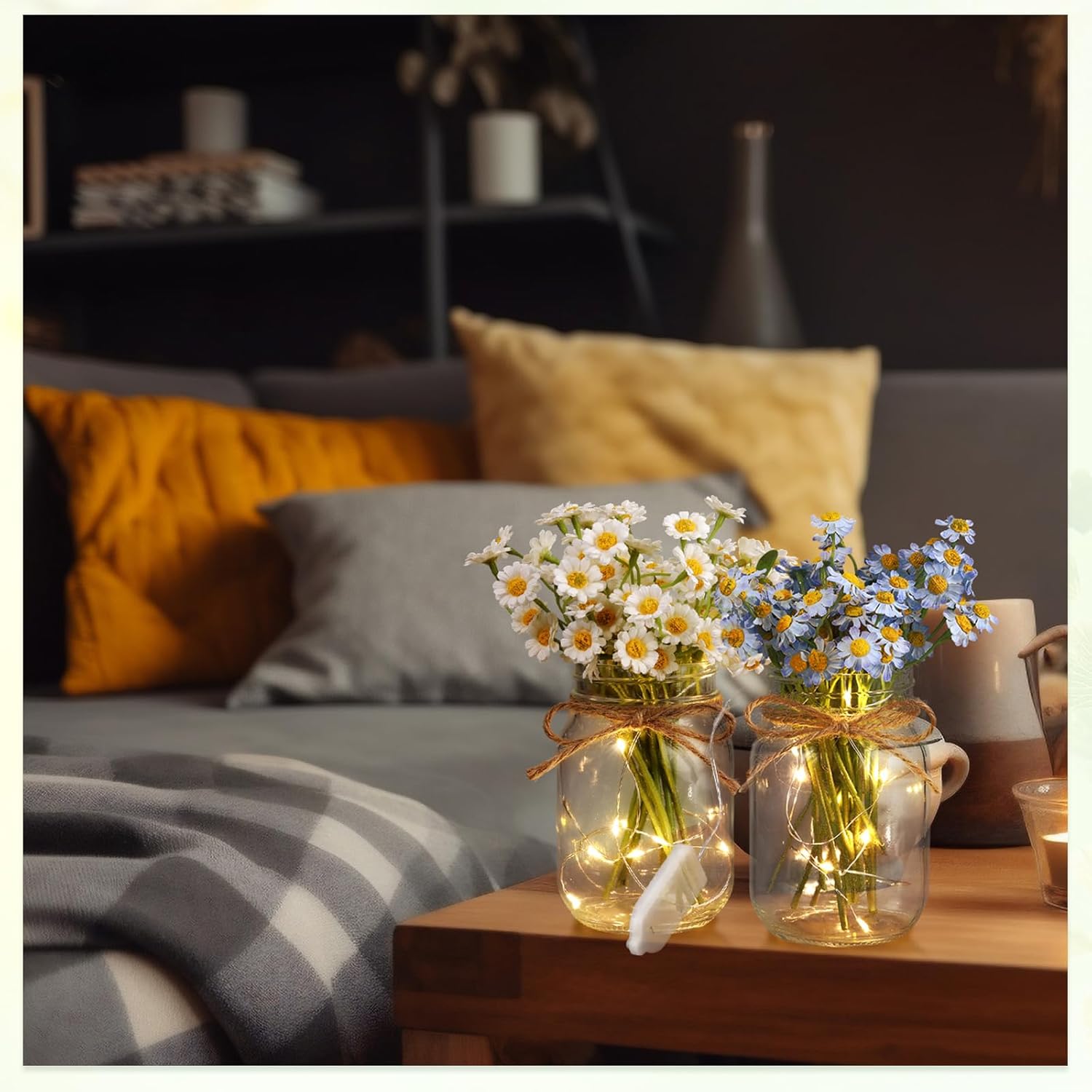 Chunful 12 Pcs Glass Mason Jar with LED Lights for Table Centerpiece Decorations Set Clear Rustic Farmhouse Coffee Table Decor with LED Lights for Wedding Dining Room Kitchen Decor (Warm Light)