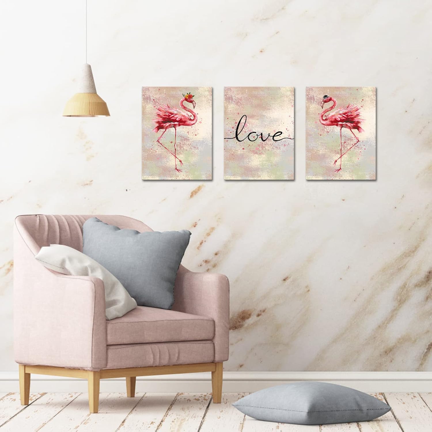 Conipit Flamingo Canvas Wall Art for Living Room Pink Picture Prints Love Artwork Romantic Flamingo Painting Wall Decor Framed Ready to Hang 12''x16''x3 Panels