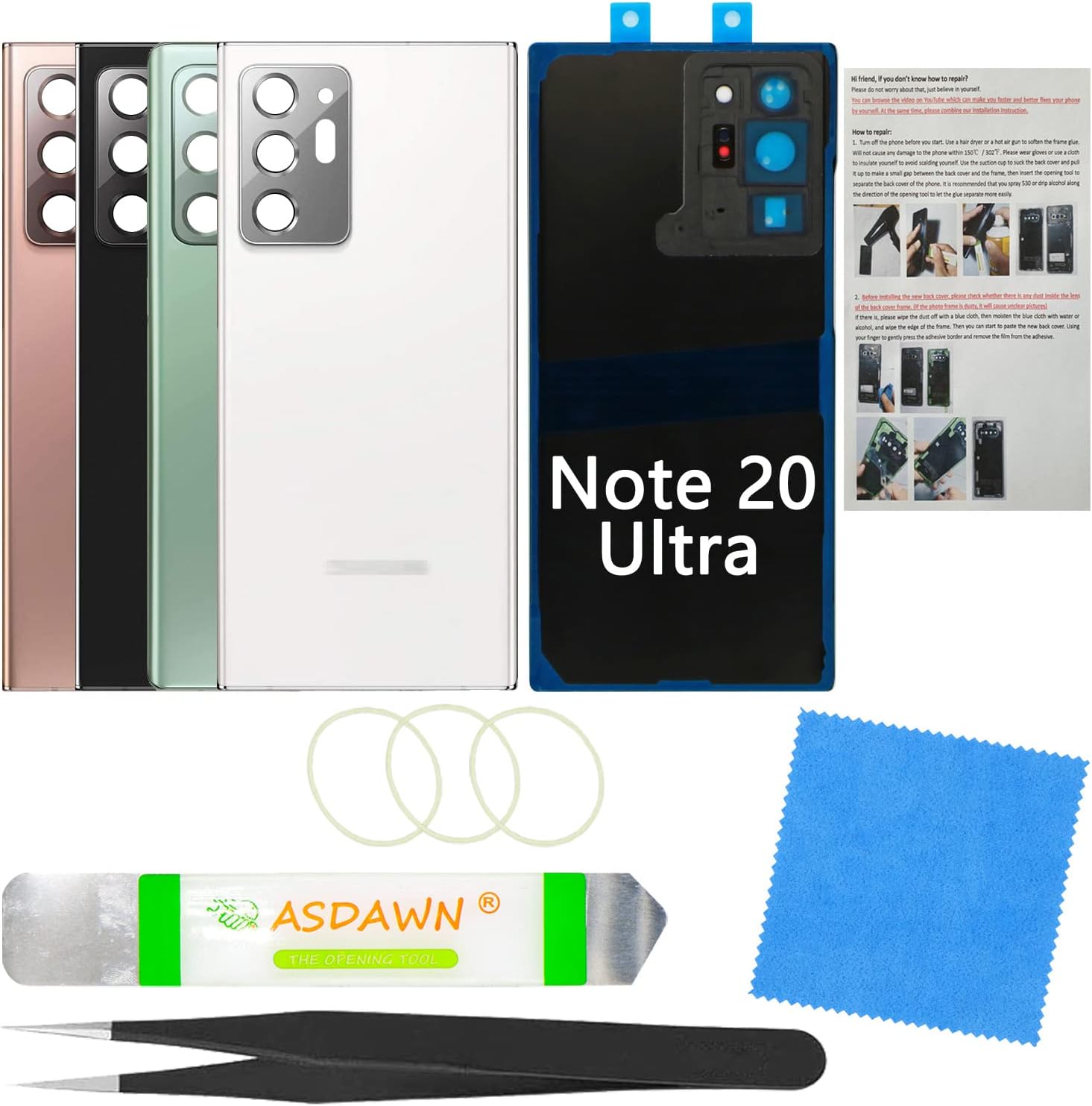 Galaxy Note 20 Ultra Back Cover Glass Replacement with Pre-Installed Camera Lens+ Installation Manual+ Repair Tools for Samsung Galaxy Note 20 Ultra SM-N985 All Carriers (Mystic White)