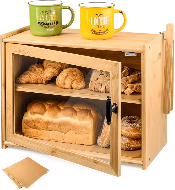 Bamboo Bread Box, Two-Layer Bread Storage Holder, Large Capacity Bread Bin Kitchen Organizer with Toaster Tong for Kitchen Countertop Pantry