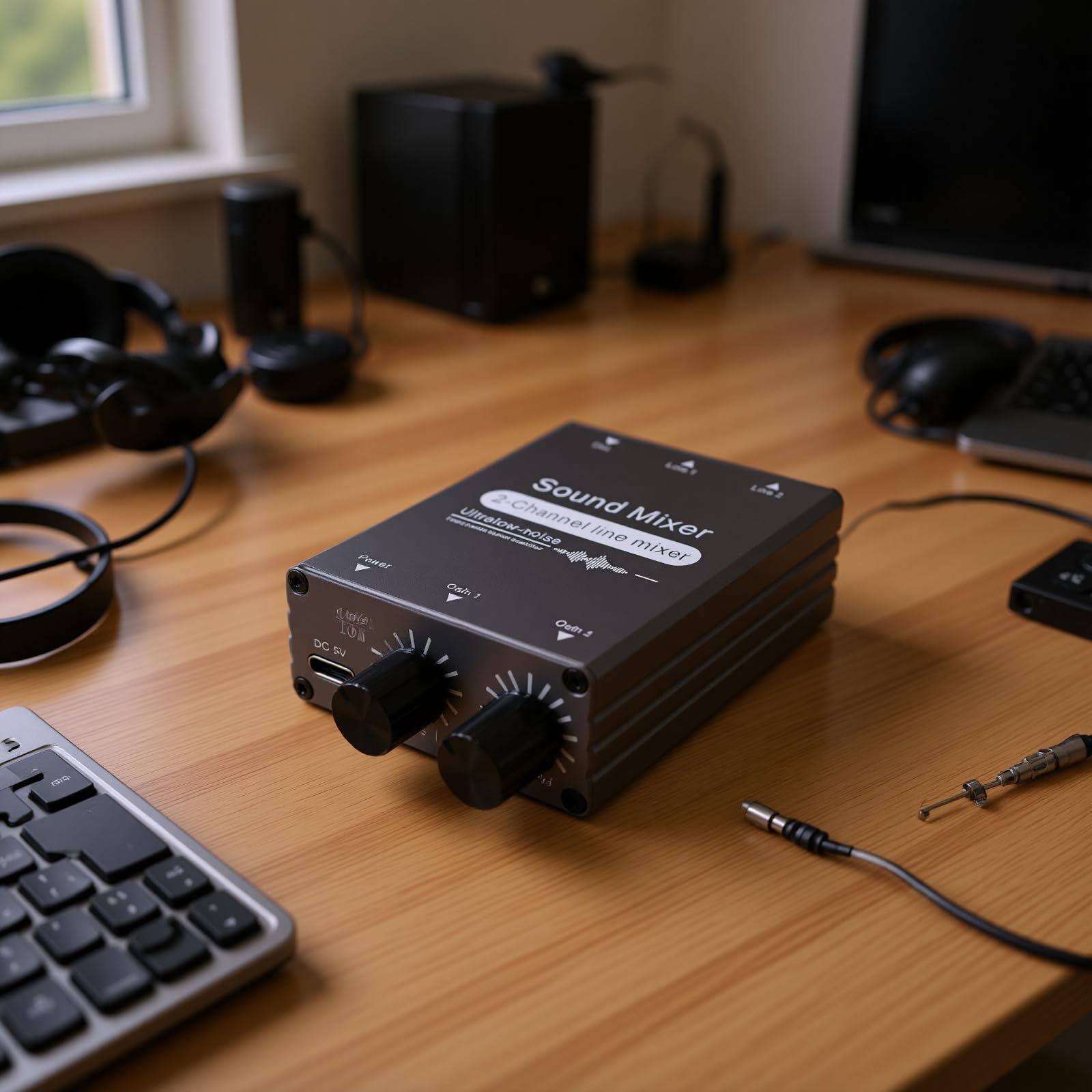 2-Kanal-Stereo-Audio-Mixer, 3,5 Mm 2-in-1-Out-Stereo-Sound-Mixer mit Doppelter Lautstärkeregelung für Computer, Kopfhörer, Telefone, Laptops