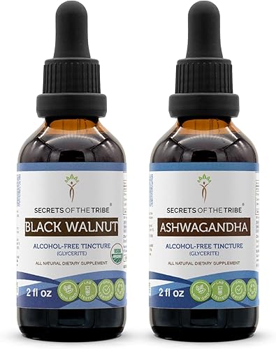 Extracto líquido orgánico y Ashwagandha de nogal negro USDA (2 piezas)  Tinturas sin alcohol  Nuez negra orgánica (Juglans Nigra) cáscara seca y