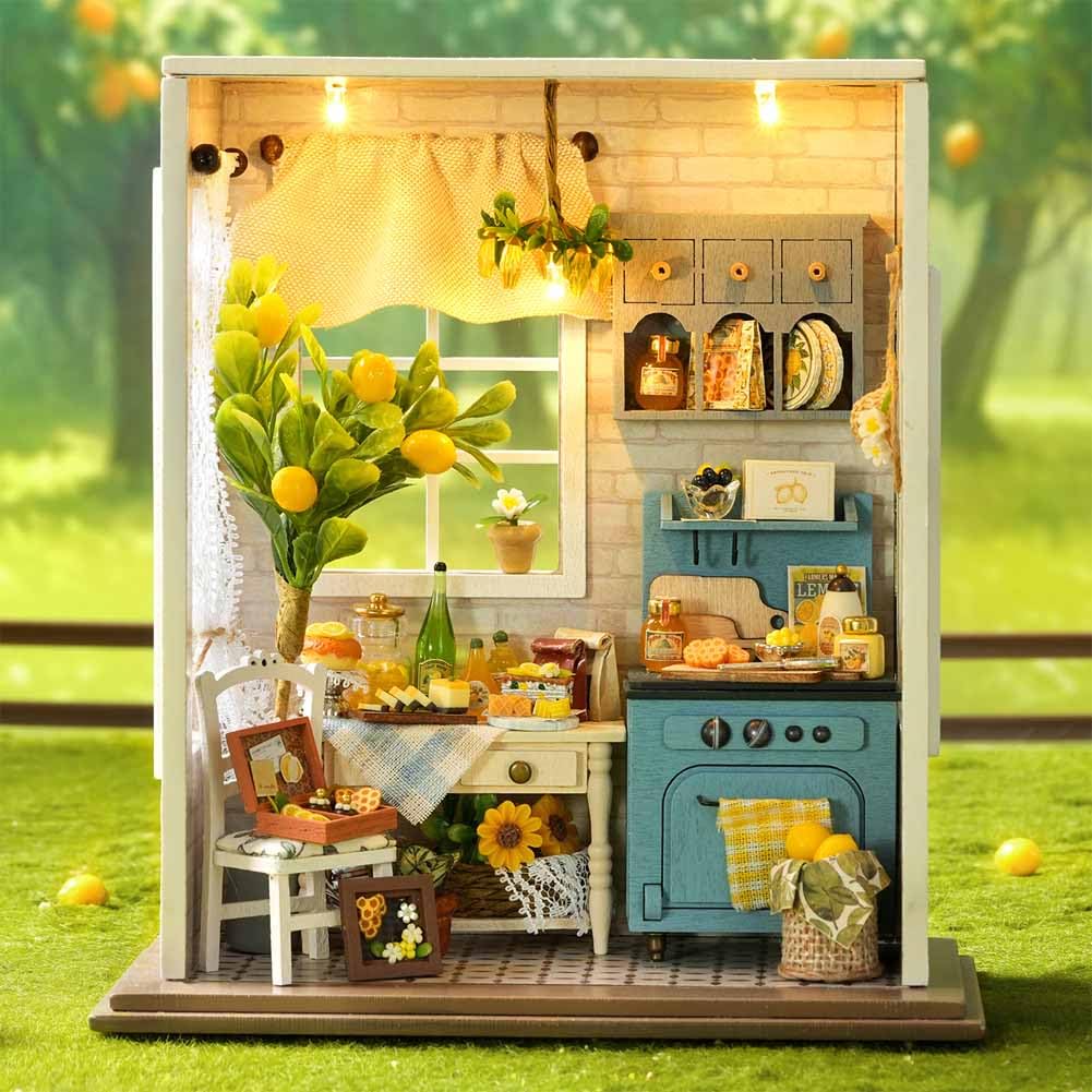Giocattolo puzzle con mini mobili per la casa delle bambole, kit fai da te per costruire una casa delle bambole in miniatura con illuminazione a LED, accessorio creativo per la casa in scala 1:24
