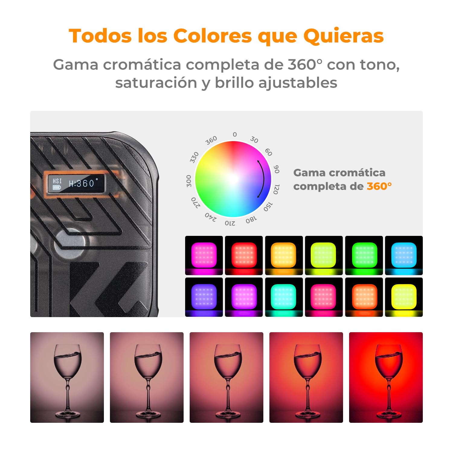 K&F CONCEPT Luce video RGB, Luce Fotografica Portatile a Colori a 360°, 21 Effetti Luminosi, 2500K-9900K CRI 96+, per Vlogging, selfie, Fotografia di oggetti, Nero