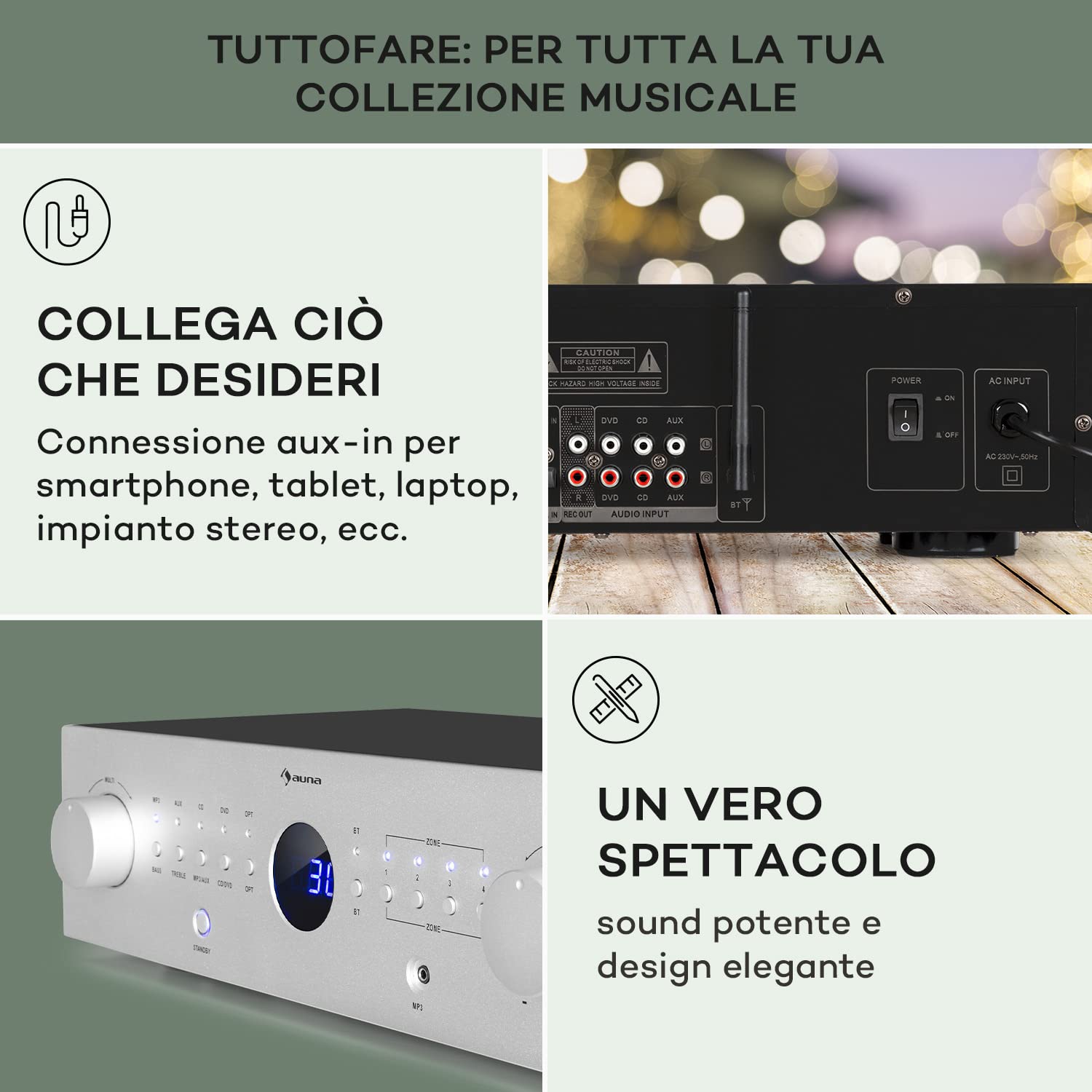 Auna Amplificatore Audio HiFi, Amplificatore HiFi, Amplificatore Bluetooth con Controllo Alti e Bassi, Amplificatore HiFi Stereo per Casse e Subwoofer 4 Canali, con Telecomando e Ingresso AUX
