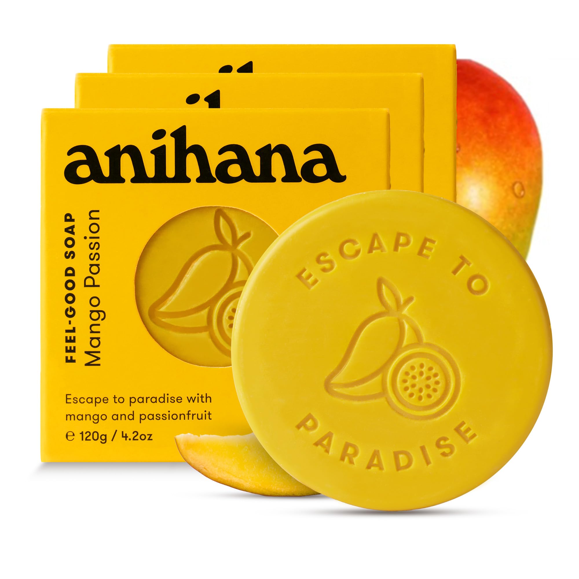 ANIHANA Feel-Good Soap 3 Pack with Coconut Oil and Shea Butter, Gentle Cleansing, Paraben Free, Cruelty Free, Refreshing Mango Passion Scent, 4.2 oz