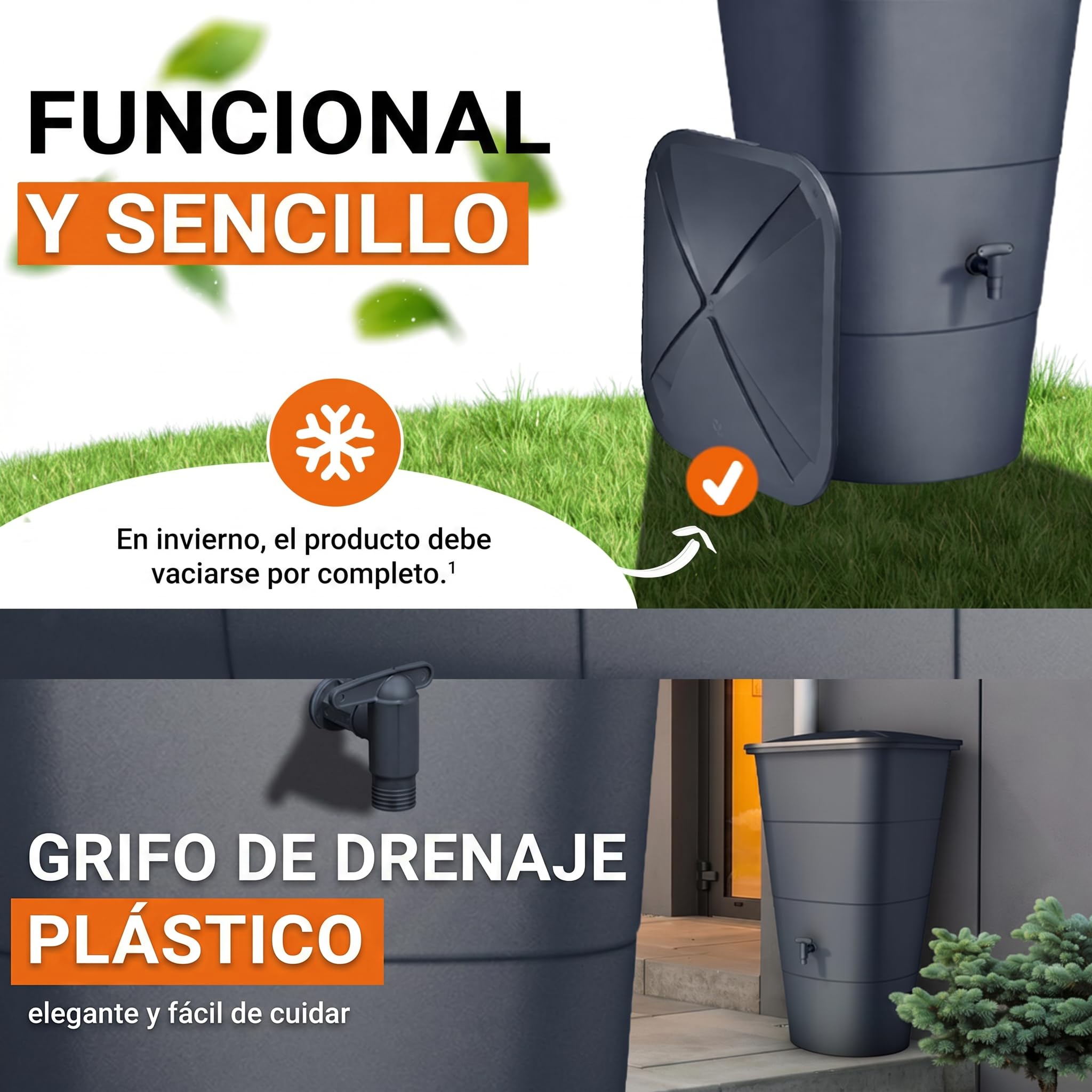 GARANTIA Ibiza depósito de Agua de Lluvia Cuadrado de 200 litros, Gris Grafito, Incluye Tapa y Grifo - diseño Moderno para Pared y Esquina - Estructura Estable de plástico Reciclado y Acabado Mate