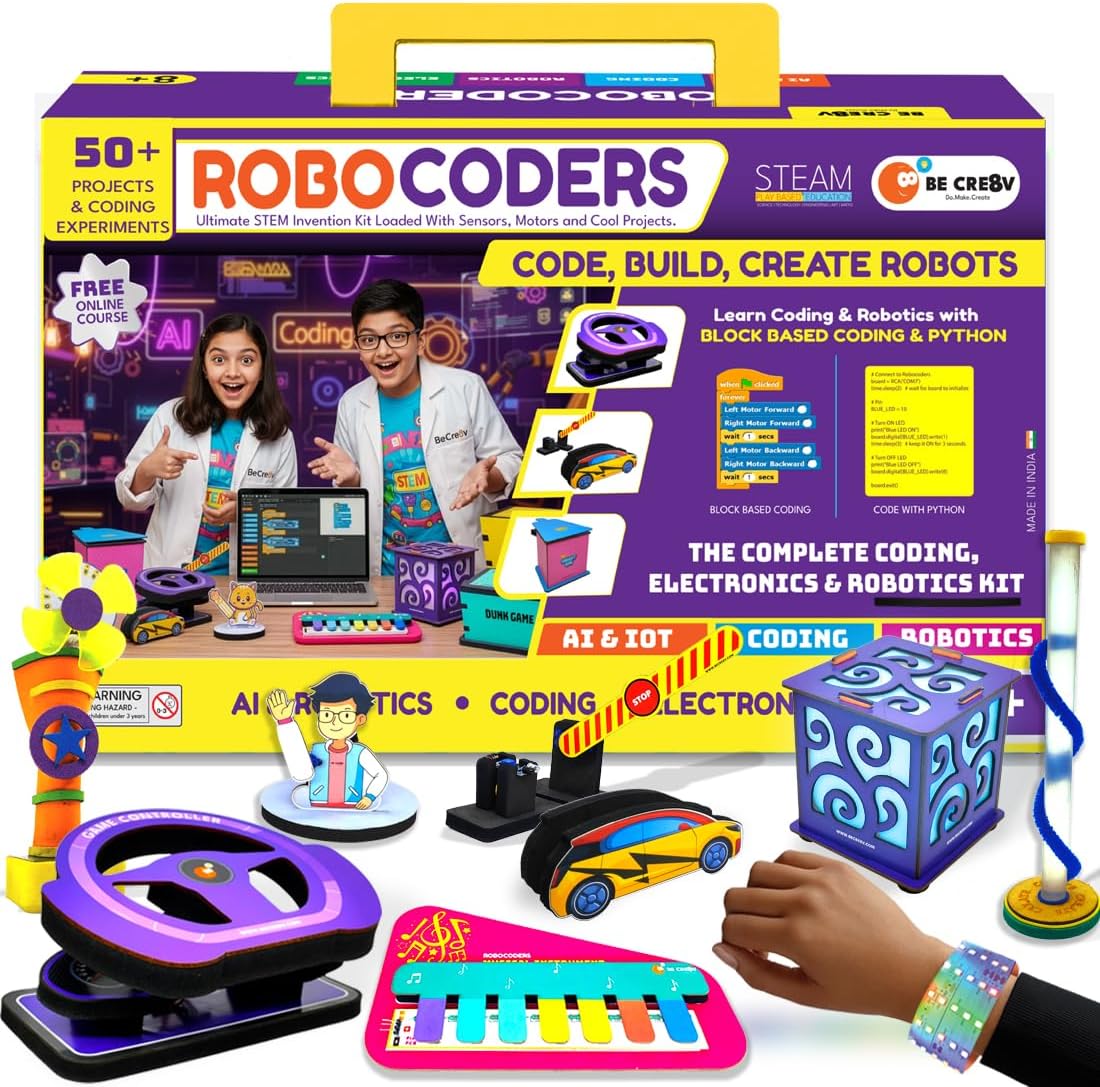50-in-1 STEM Robotics Kit for Kids 8–14 | Build Robots & Smart Gadgets | Learn Coding with Scratch, Python & IoT | Educational Toy with Sensors & Motors | Birthday Gift for Boys & Girls | Be Cre8v