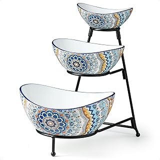 YHOSSEUN 3 Tier Serving Bowls, Serving Dishes for Entertaining Porcelain Serving Trays and Platters Tiered Bowl Set with Collapsible Thicker Sturdier Metal Rack