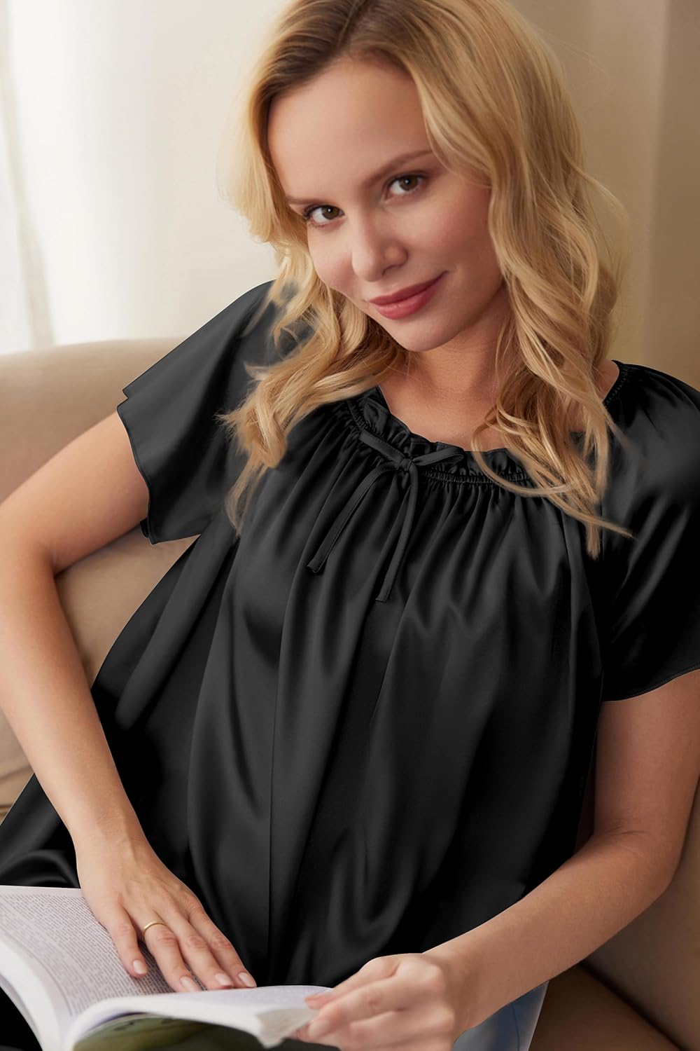 Ekouaer Women's Satin Silk Pleated Nightgown Loose Sleepwear Printed Nightshirt Short Sleeve Sleep Dress - Image 3