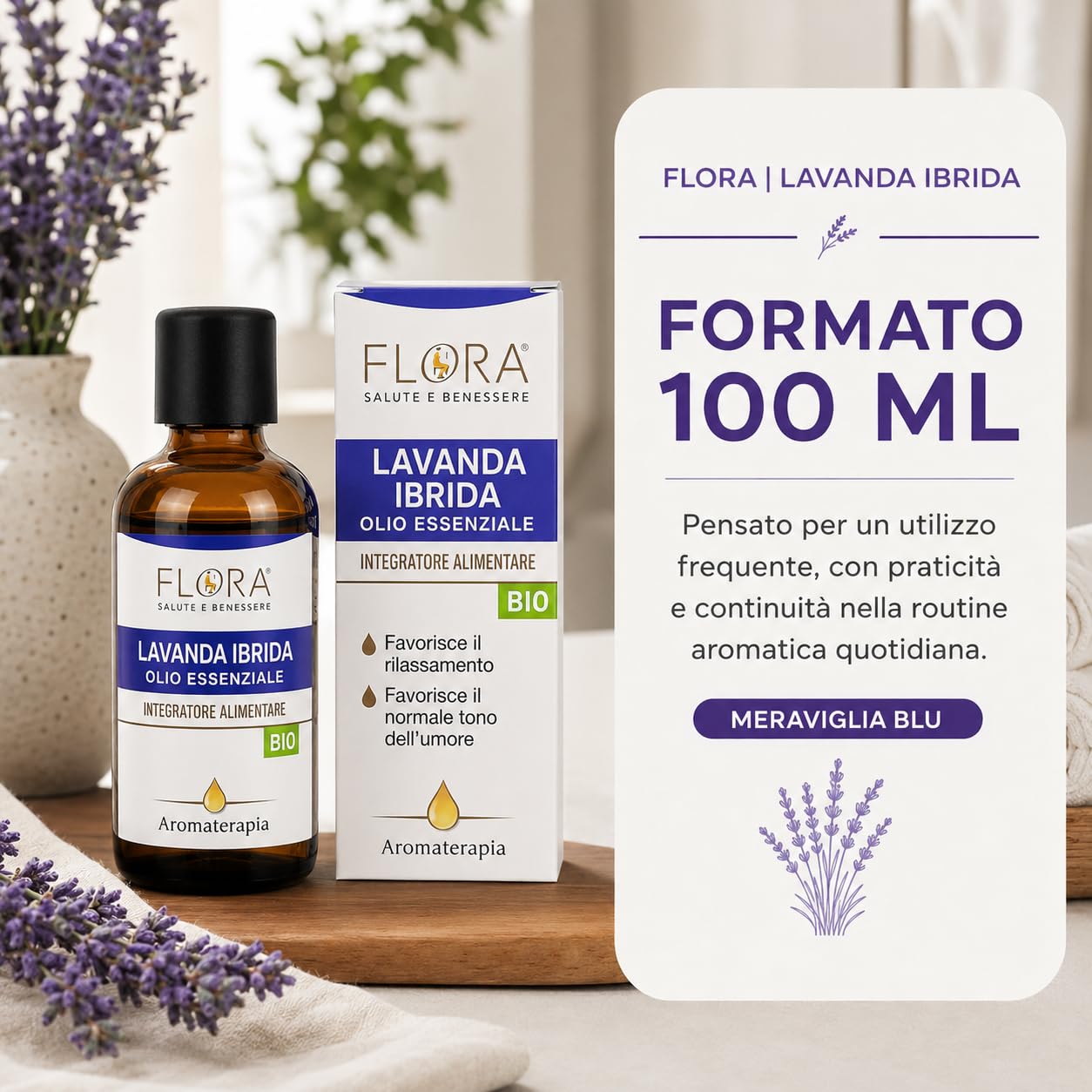 FLORA 100% reines ätherisches Lavendelöl – Nahrungsergänzungsmittel – 100 ml – fördert die Entspannung (Stress und Schlaf) fördert die normale Stimmung Ideal auch in der Aromatherapie