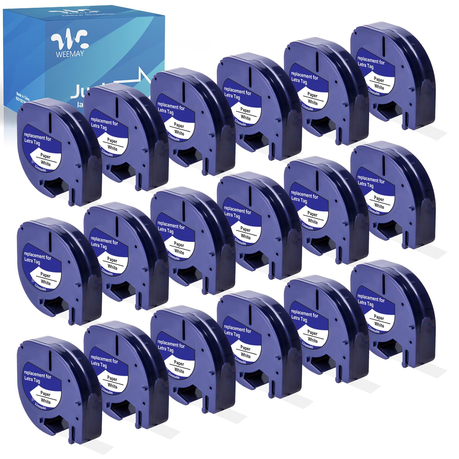 Weemay Lot de 18 cassettes d'étiquettes en papier 91330 de rechange pour Dymo Letratag 91330 - Ruban adhésif blanc 10697 pour étiqueteuse Letra Tag LT-100T LT-100H LT-110T QX50 - 12 mm x 4 m