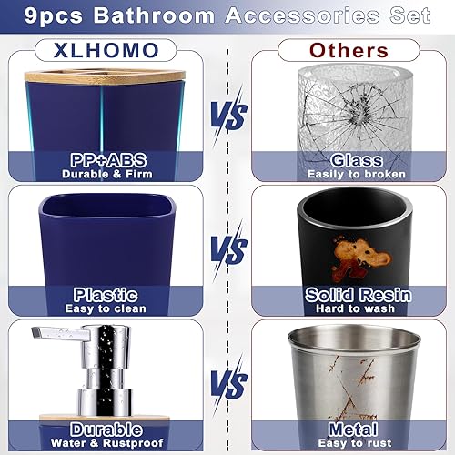 Miniatura 3 de Juego de 9 accesorios de baño, azul marino, cubo de basura, soporte y recipiente para cepillos de dientes, dispensador de jabón, bandeja de tocador,