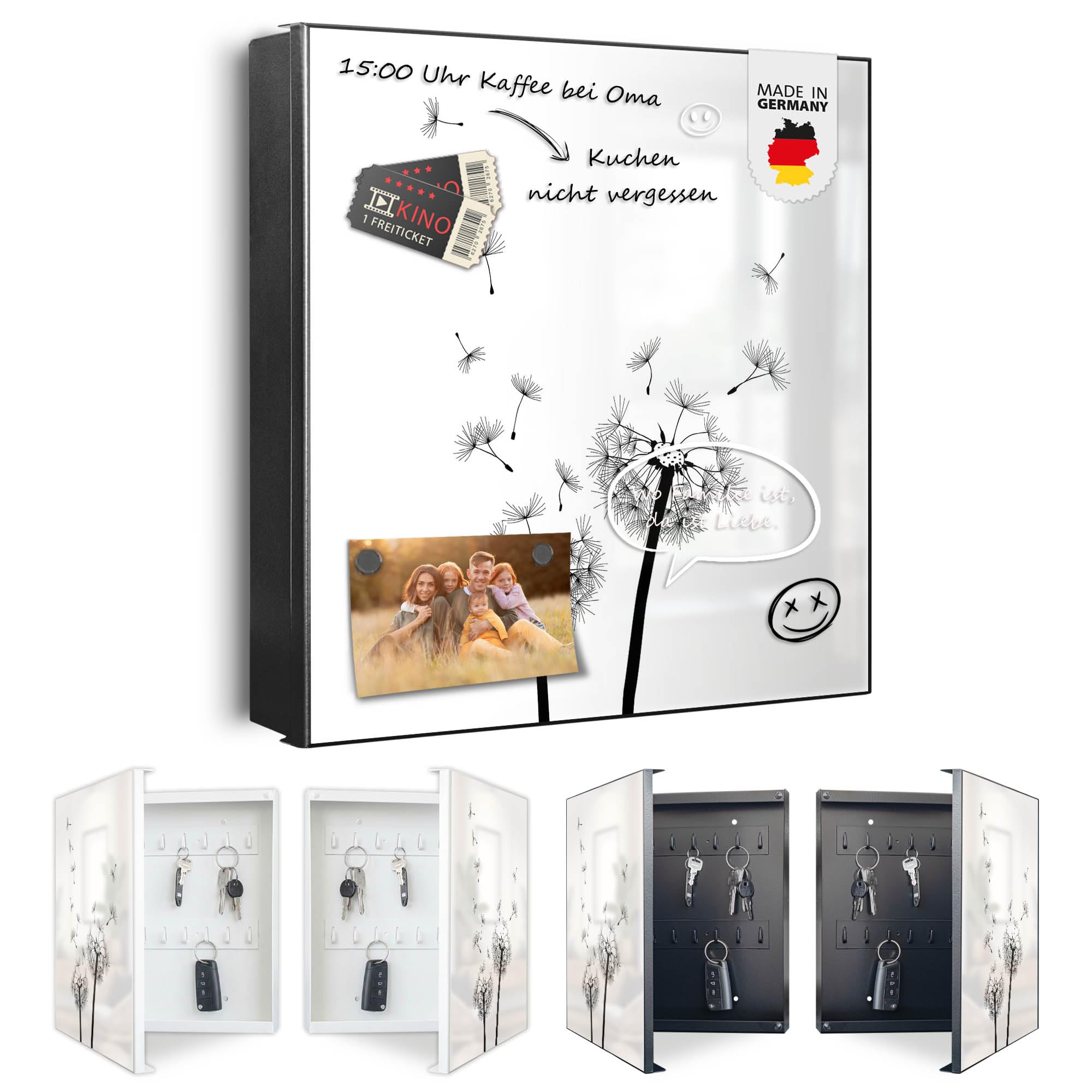 banjado Großer Schlüsselkasten Metall - Schlüsselbox 30x30cm beschreibbarer mit 32 Haken - Schlüsselkasten modern für Schlüsselaufbewahrung - Korpus Schwarz Scharnier Rechts - Motiv Pusteblume 2