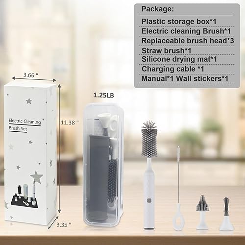 Miniatura 7 de Juego de cepillos de limpieza con cepillo eléctrico recargable por USB, cepillo de botella de silicona reemplazable de 3 piezas y tapete de secado