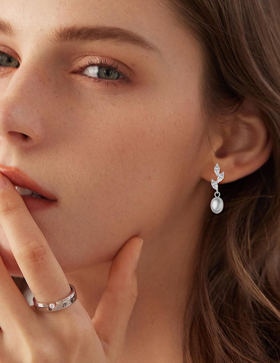 Pearl Earrings for Women 14K Gold Pearl Drop Dangle Earrings Cubic Zirconia Leaf Pearl Stud Simple Wedding Earrings for Brides Pearl Tassel Earring Statement Jewelry Gifts Gold Silver Tone - Image 3