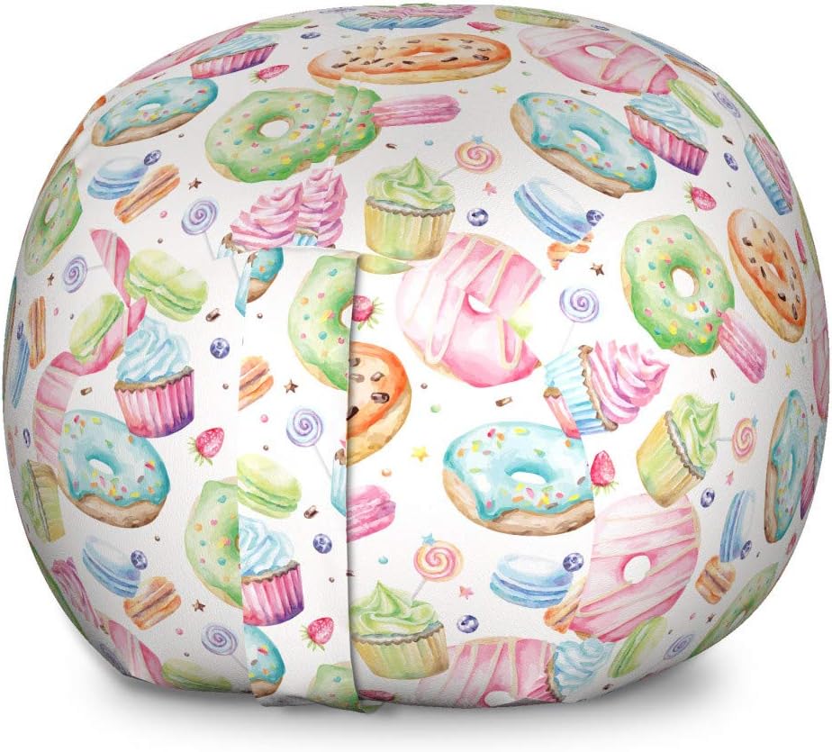 Ambesonne Colorful Storage Toy Bag Chair, Watercolor Style Sweets with Glazed Doughnut Macarons and Cupcakes with Frosting, Stuffed Animal Organizer Washable Bag, Large Size, Multicolor