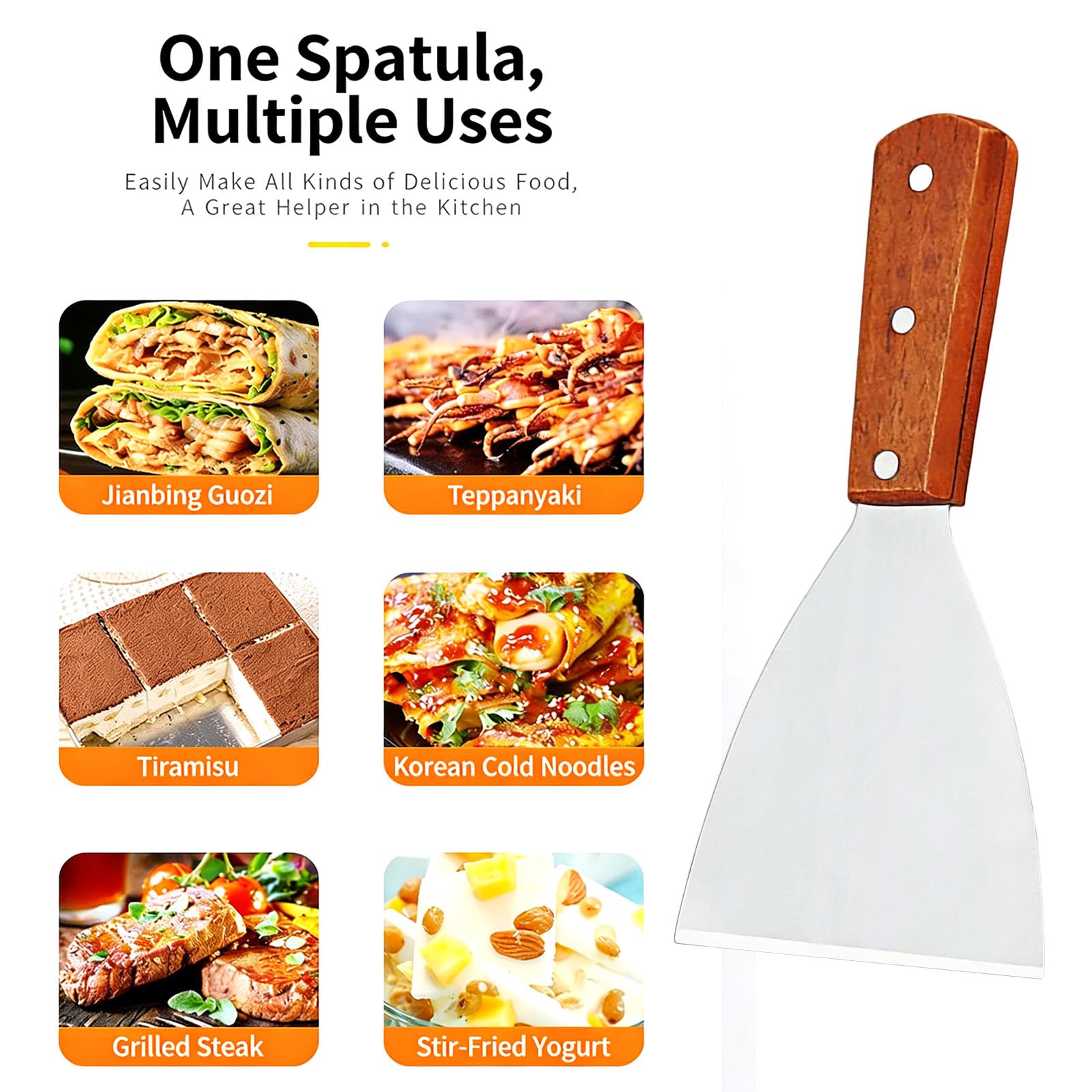 Griddle Scraper, Stainless Steel Burger Flipper, Non Stick Pizza Spatula, Heat Resistant BBQ Scraper Wooden Handle Grill Scraper for Food Service Cooking Cleaning, for Home Kitchen — view 4