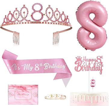 8th Birthday Decorations for Girls, Pink Sash and Rhinestone Tiara Crown Set, Including Cake Topper, Number Candle, Balloon, Ideal for 8 Year Old Birthday Party Supplies