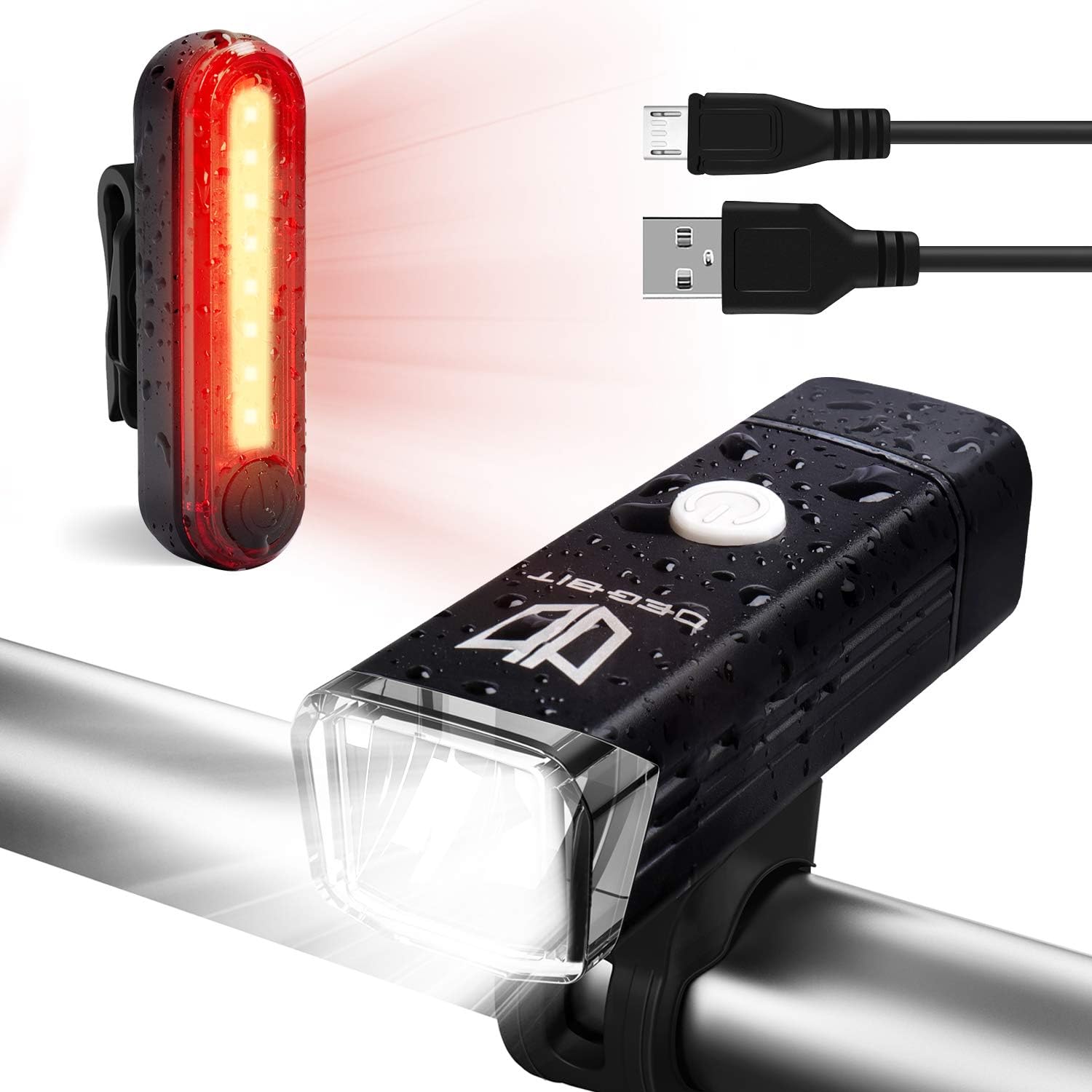 Degbit Bike Light Set, Upgraded USB Rechargeable Bicycle Light Mountain Bike Light, Water Resistant Led Cycle Lights Rechargeable, Easy Mount USB Front Light Headlight & Back Tail Light