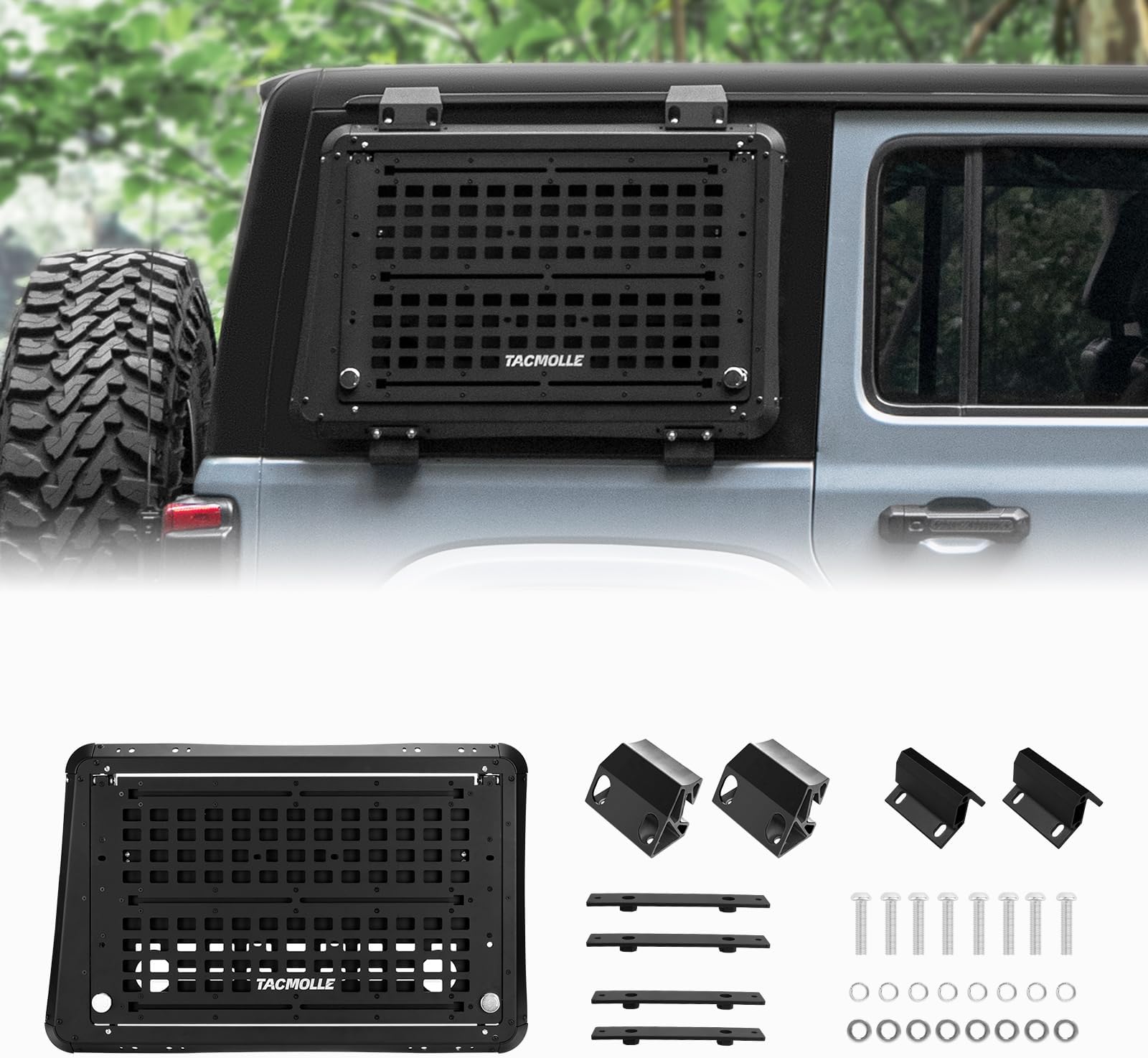 TACMOLLE Rear Side Window Worktable - Tactical MOLLE Panel for Gasoline Pack Recovery Traction Boards Shovel Mounts, Rear Window Protector Fits Jeep Wrangler JL 2018-2024, Passenger Side