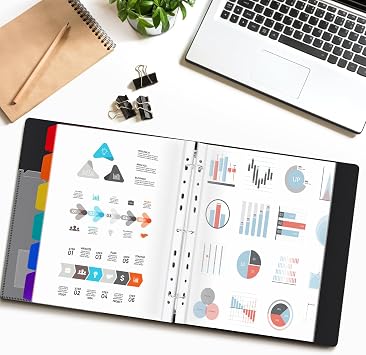 Uquelic Presentation Ring Binder, A4 Display Folder with 50 Punched Pockets and 6 Colorful PP Divider Pages, Folder File Plastic Sleeves for Documents, Certificates, Personalise The Front Cover