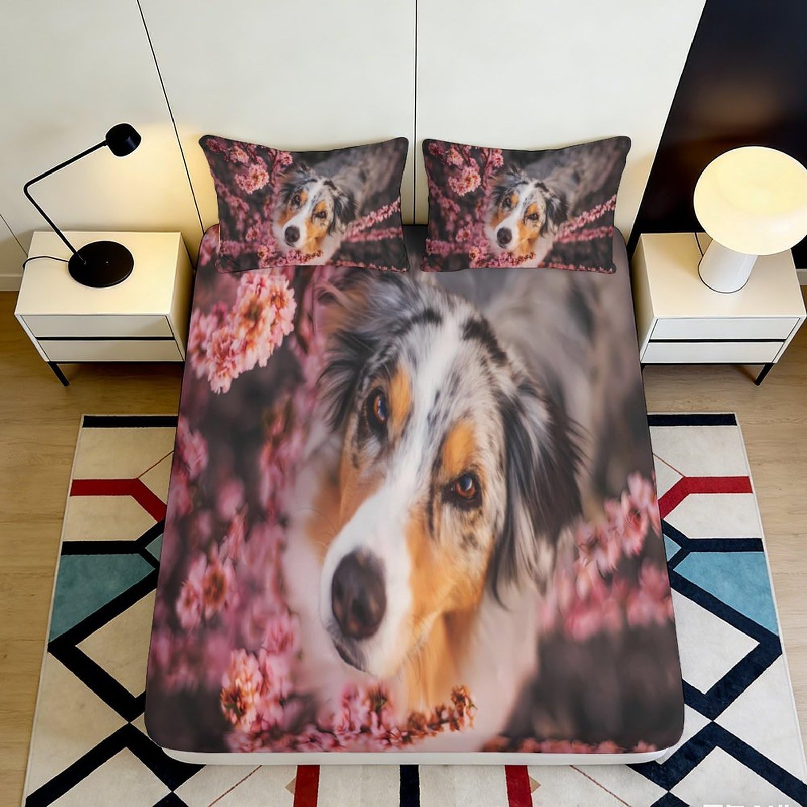 Pnayamiorkfel Style-5 3D Printed Australian Shepherd Dog Fitted Sheet Microfiber Floral Mattress Cover Non Slip Bedroom Decor Easy Care 90X200x25cm