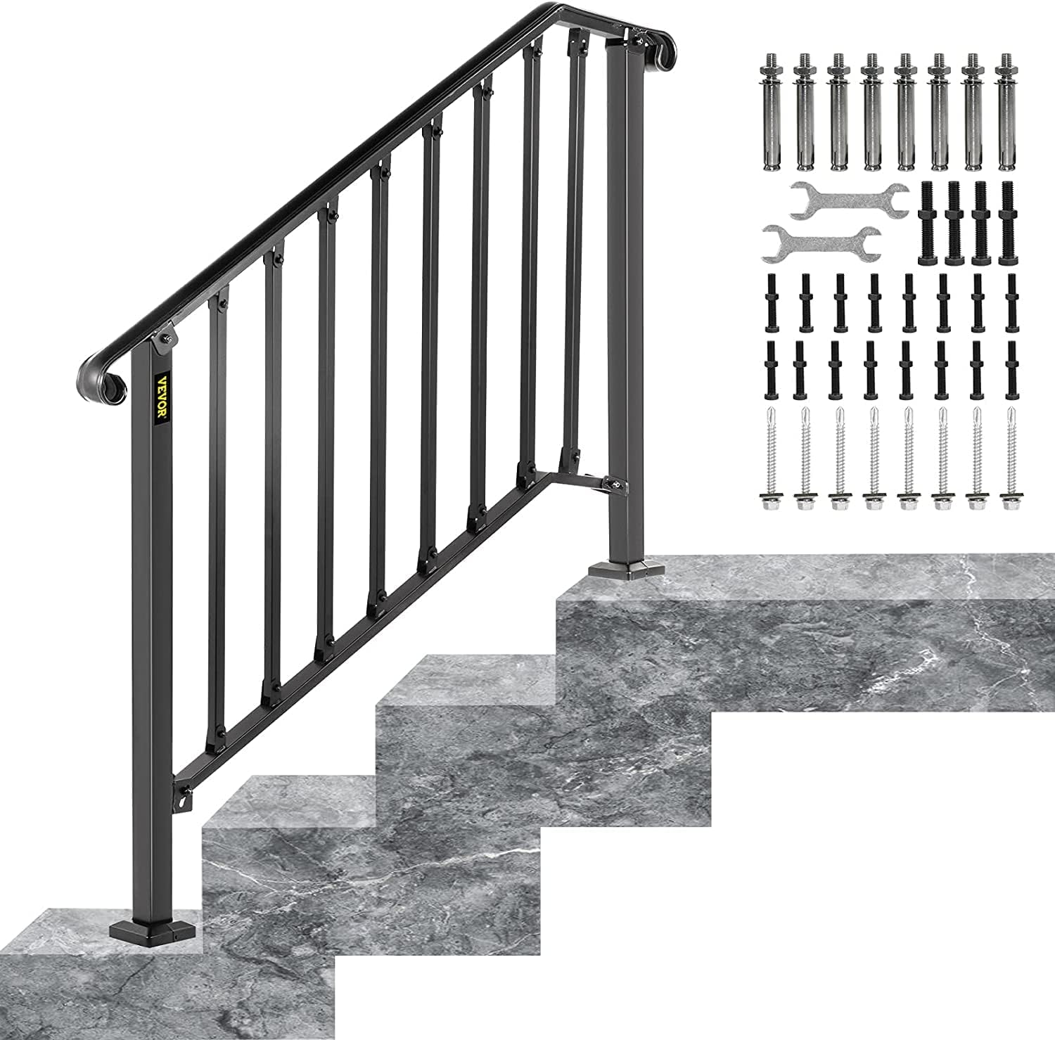 Happybuy Handrails for Outdoor Steps, Fit 3 or 4 Steps Outdoor Stair Railing, Picket#3 Wrought Iron Handrail, Flexible Porch Railing, Black Transitional Handrails for Concrete Steps or Wooden Stairs 3 Feet Black