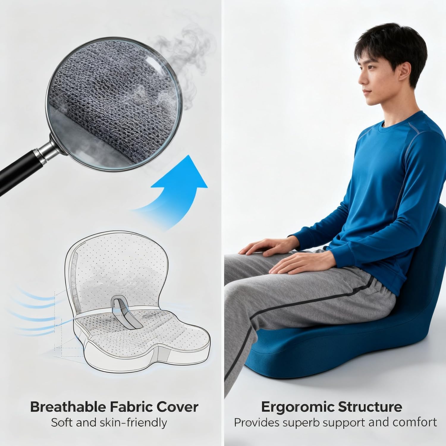 gresonic Cuscino per sedile in memory foam ad alta densità, design ergonomico per il massimo sollievo dal dolore alla schiena e alla sciatica (nero&grigio)