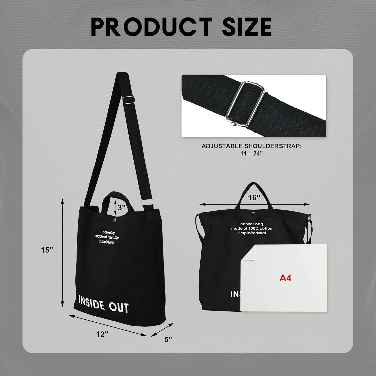 Large Canvas Tote Bag for Women inside out Bag Crossbody Shoulder Bag with Adjustable Strap for Work Travel Shopping - Image 3