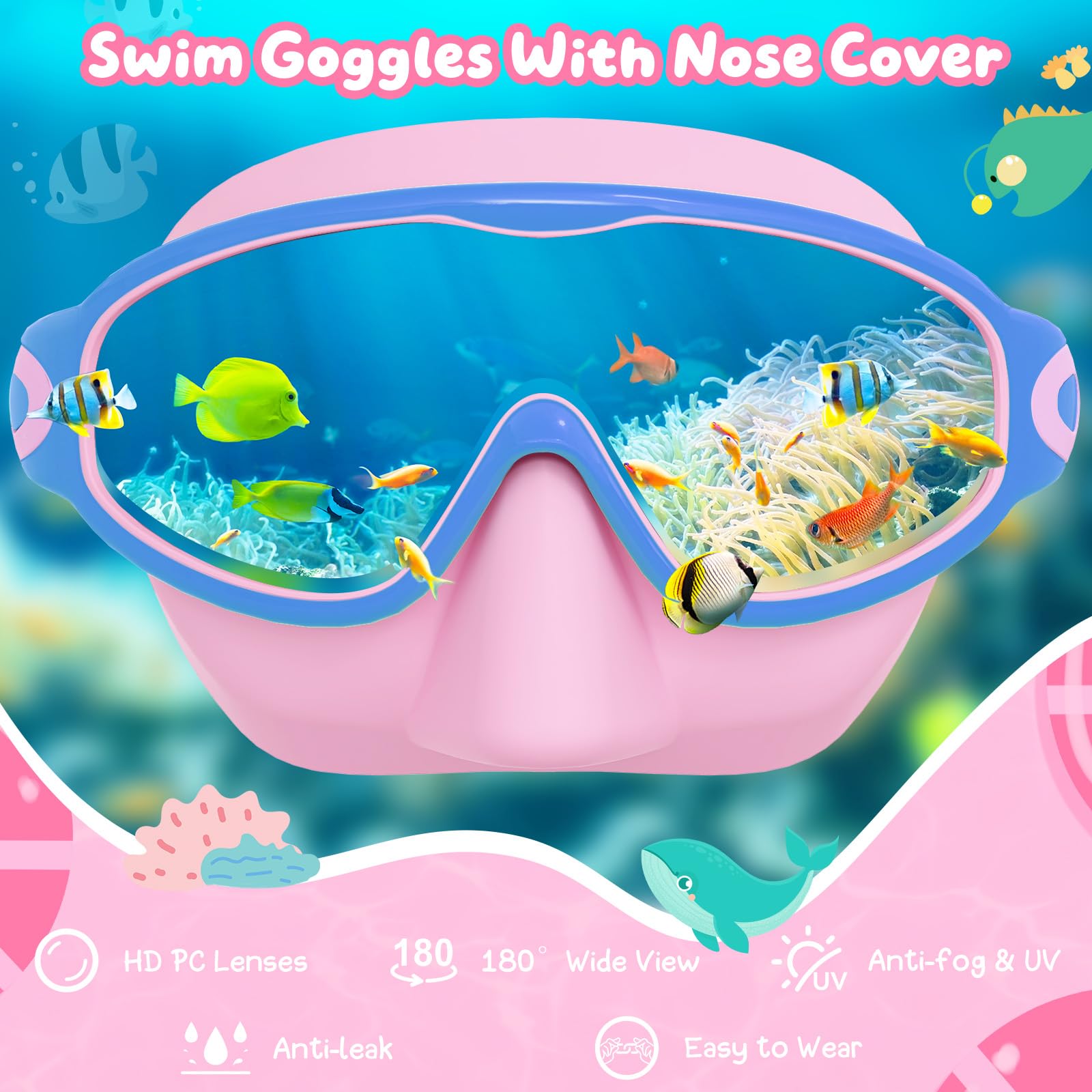 Confezione da 2 occhialini da nuoto per bambini con copertura per il naso, anti-appannamento, protezione UV, occhialini da nuoto per bambini dai 3 ai 15 anni, ampia vista