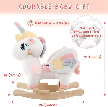 FUNLIO Unicorn Baby Rocking Horse, Rainbow Fairy Unicorn Rocking Horse for Toddlers 6 Months to 3 Years, Stuffed Ride-on Animal Rocker, Easy to Assemble, Nursery, CE & CPC Certified