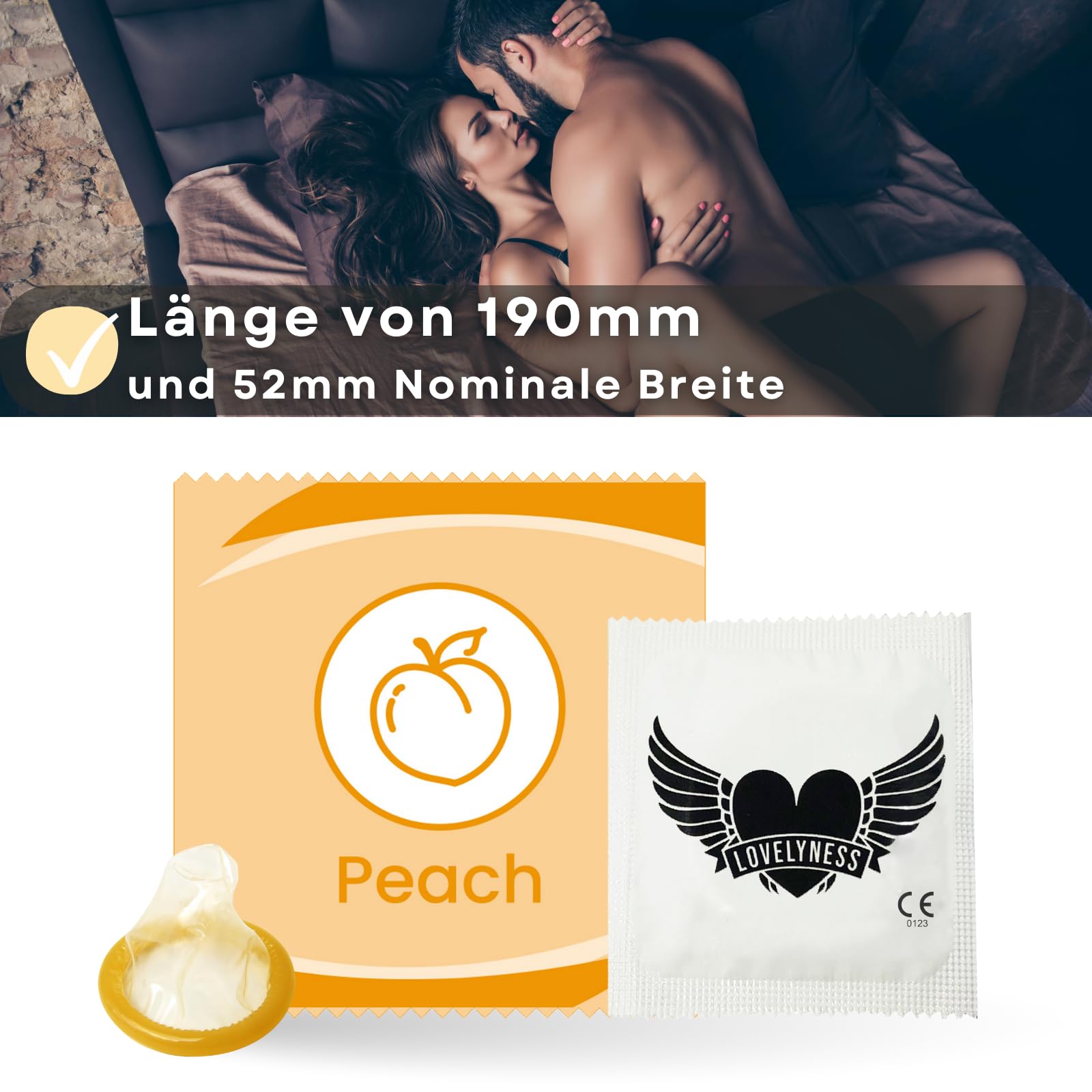 Kondome mit Geschmack Pfirsich 52mm - 200 Stück Gefühlsecht Extra dünn Extra feucht Analverkehr Gleitfilm von Lovelyness