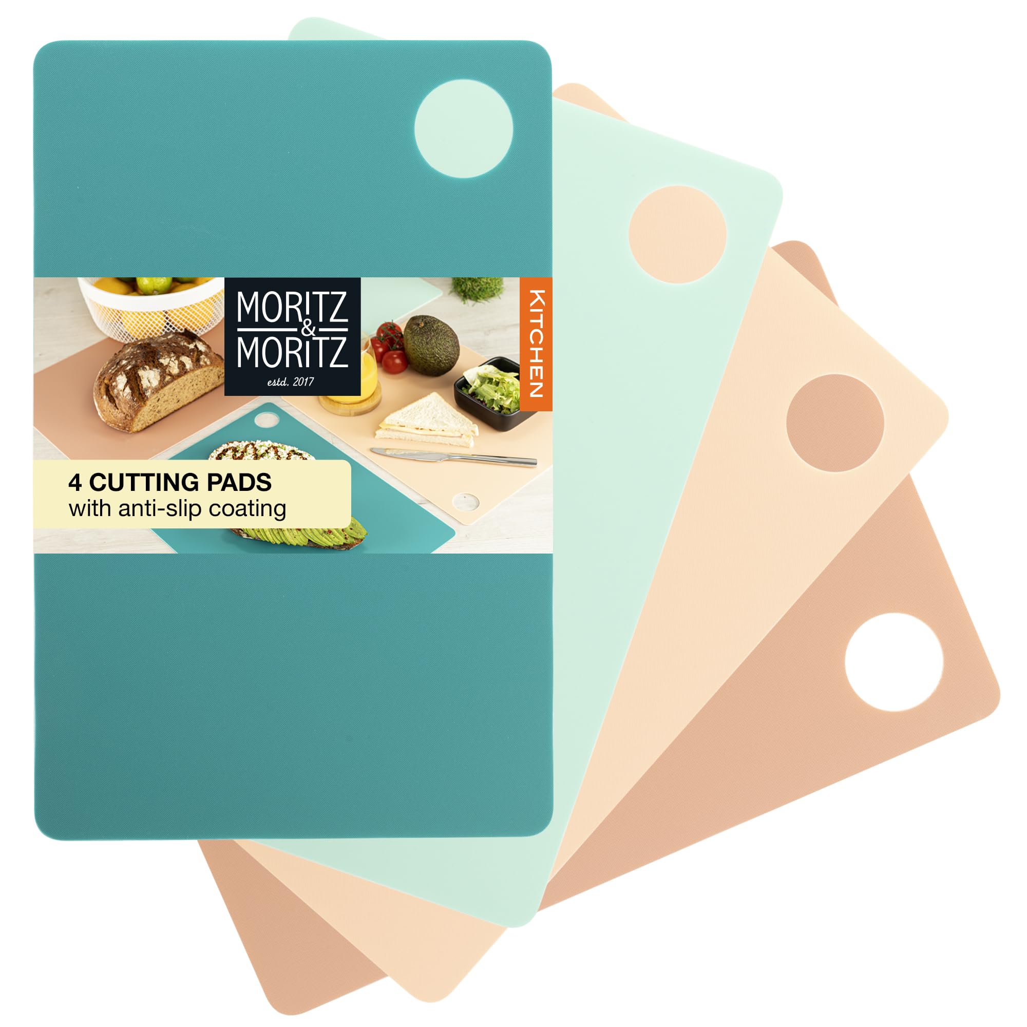 Moritz & Moritz 4X Kitchen Cutting Boards 29 x 19 cm - Chopping Boards for Kitchens - Coloured Chopping Boards Set - Anti-Slip Surface for Safe Cutting Grip Opening - Flexible Chopping mats