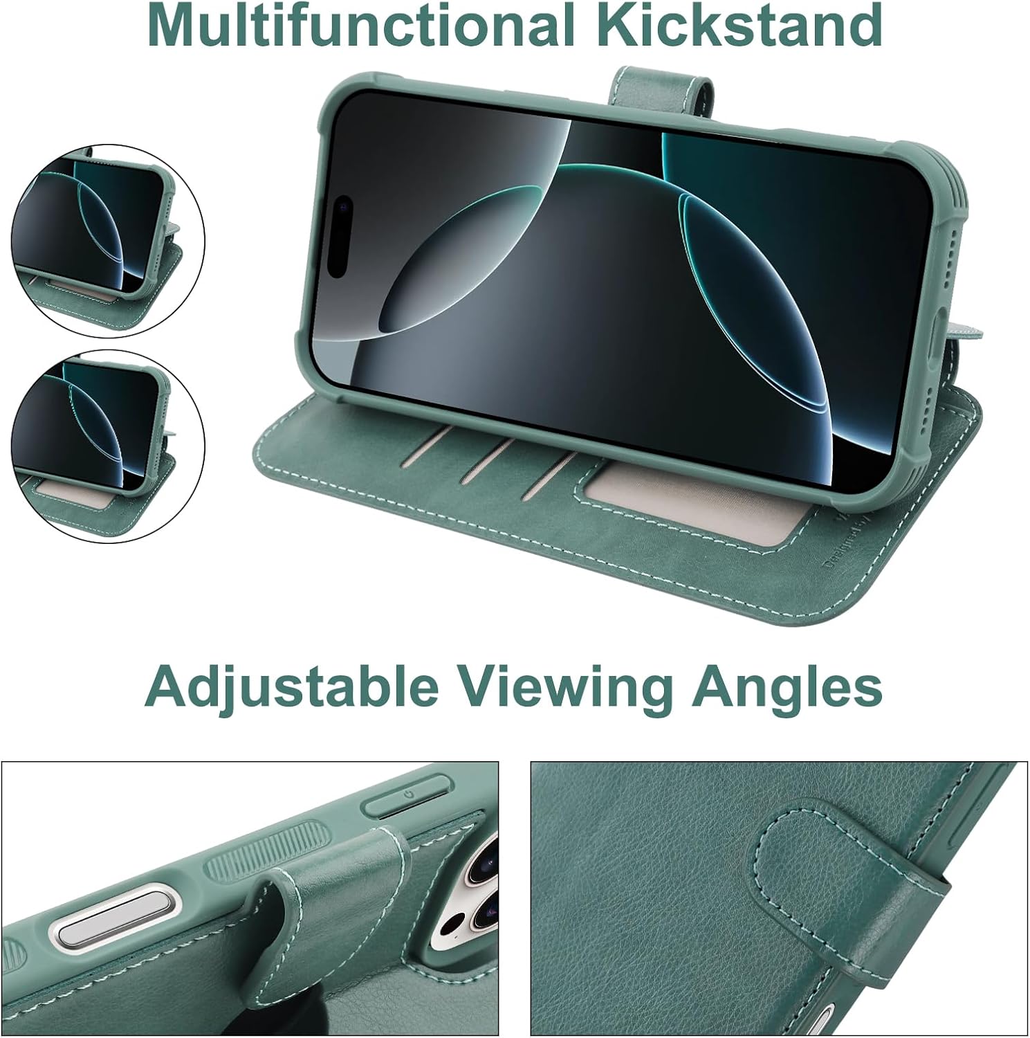 VANAVAGY Compatible for iPhone 16 Pro Max Wallet Case, PU Leather Flip Cover with RFID Blocking Card Holder Wrist Strap Kickstand for Wireless Charging, [Screen Protector & Camera Cover], Forest Green