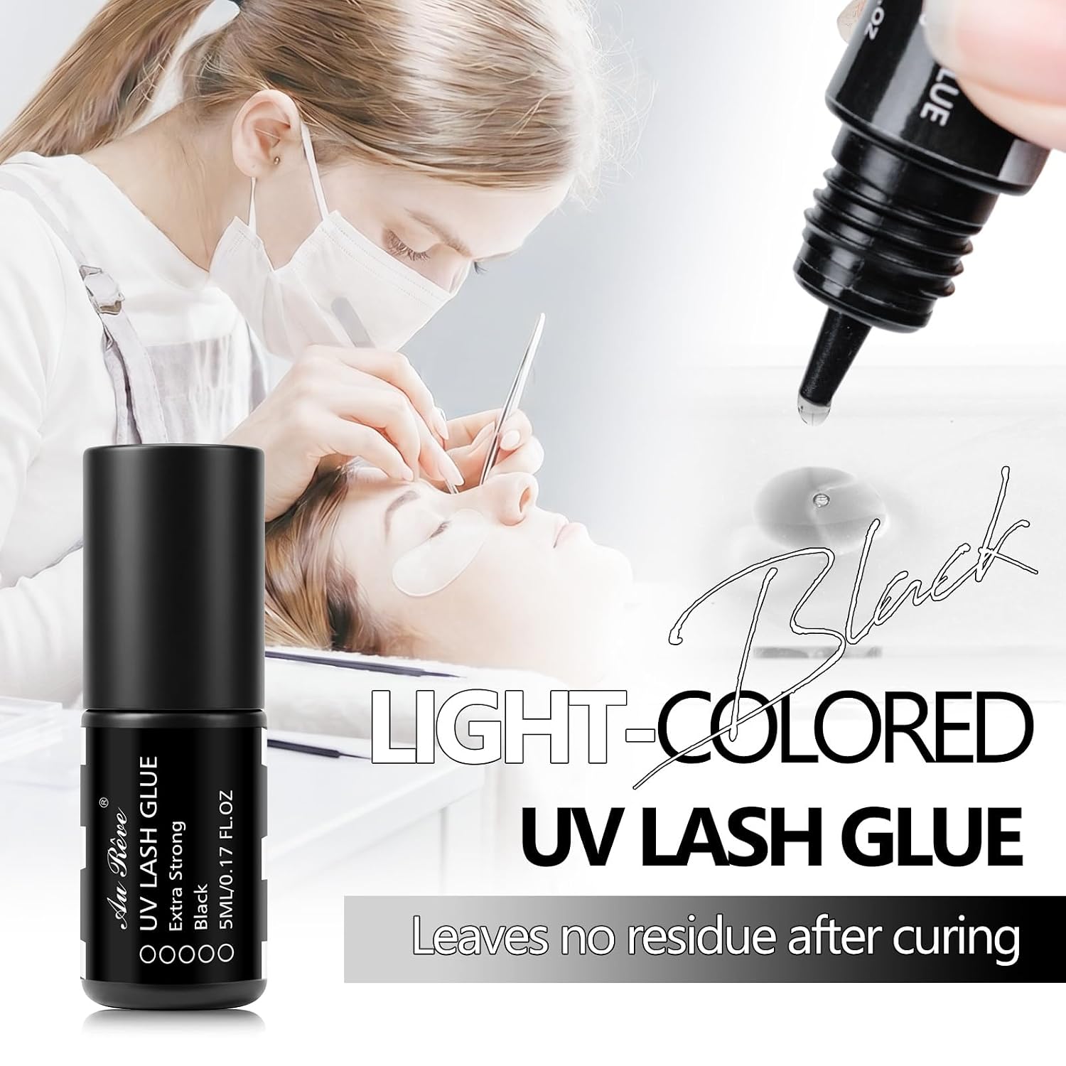 UV Eyelash Extension Glue 5ml Upgraded UV Lash Glue Strong Bond Light Curing 1 Sec Dry 7-8 Weeks Retention Professional Use Only (Black)