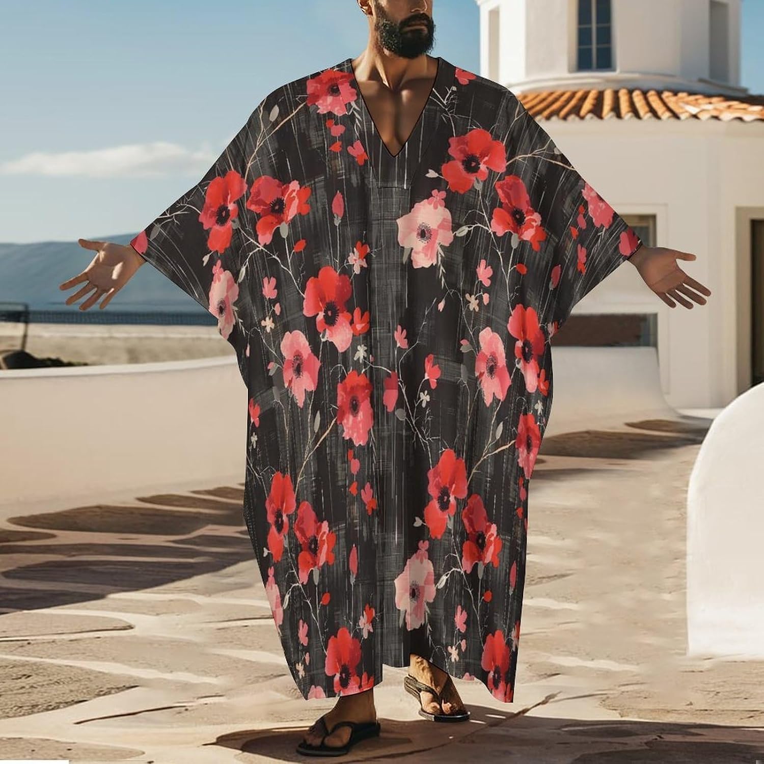 Poppy Flower Black White Checkered Men's Kaftan Thobe V-Neck Long Gown Loose Robe